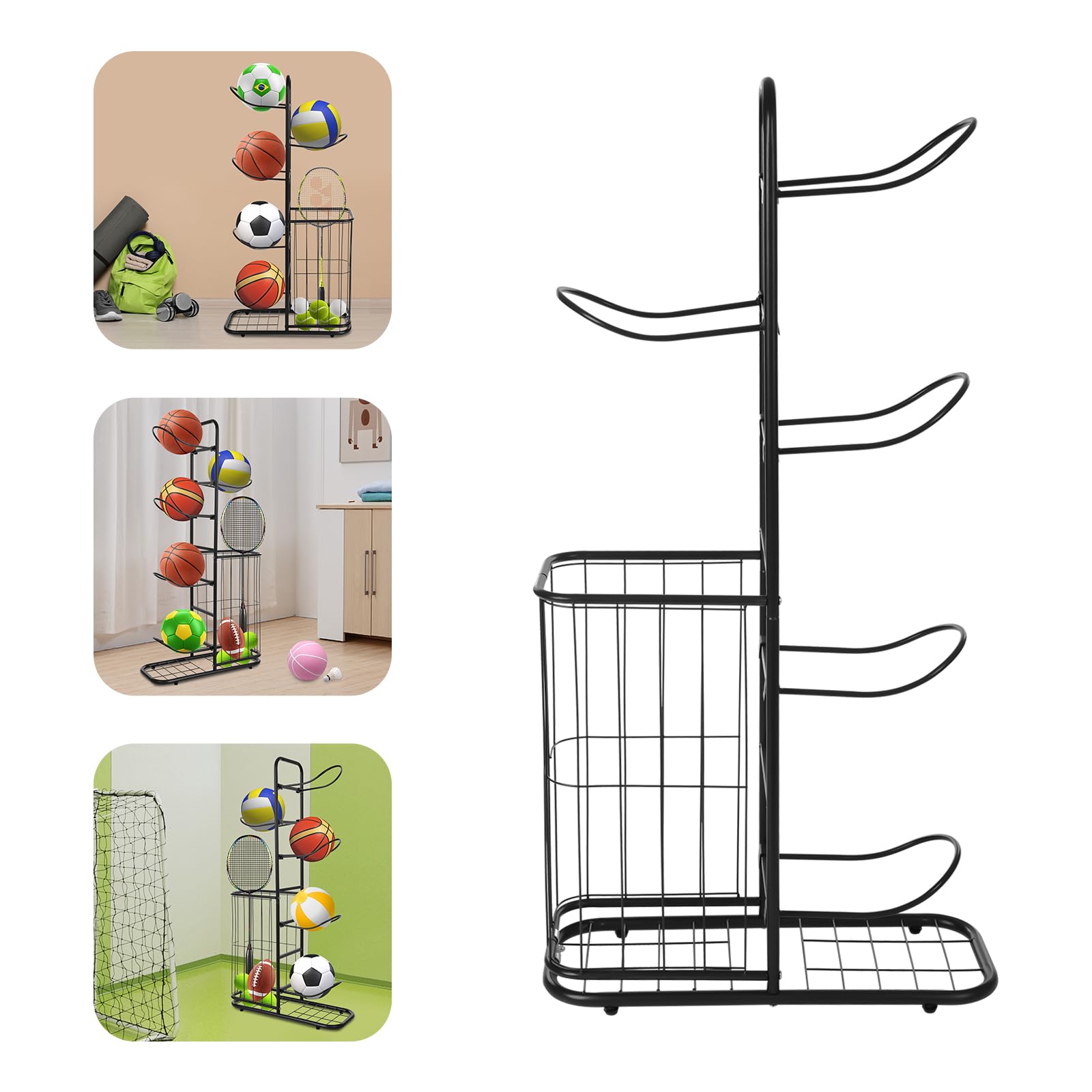 Estantería de almacenamiento de baloncesto, soporte para pelotas con 5 soportes de bolas y cestas, organizador para equipos deportivos, organizador para rugby, voleibol, fútbol