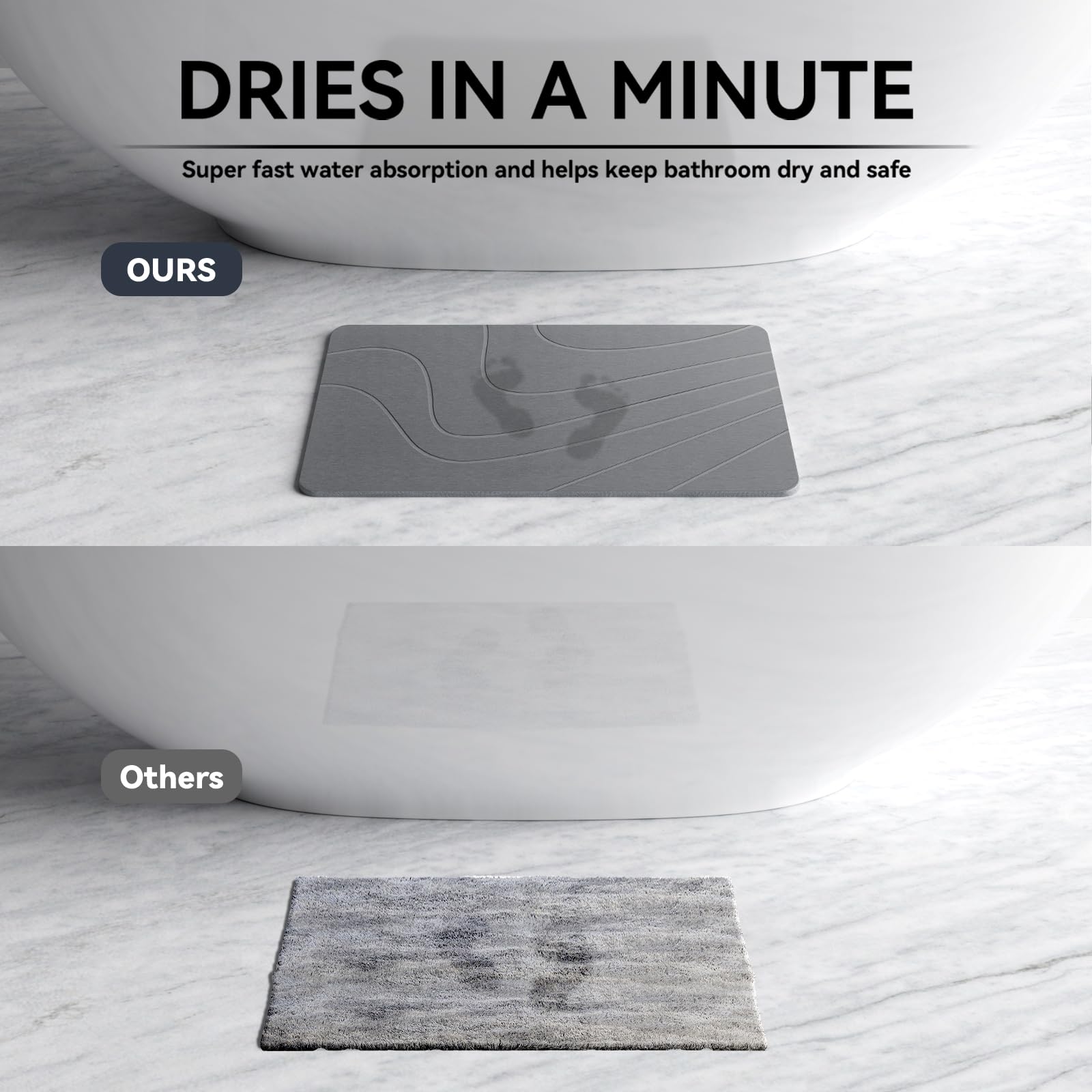 Tapis de bain en pierre, tapis de douche terre de diatomées | Tapis de sol antidérapant à séchage rapide, super absorbant, gris, 60 x 39,4 cm