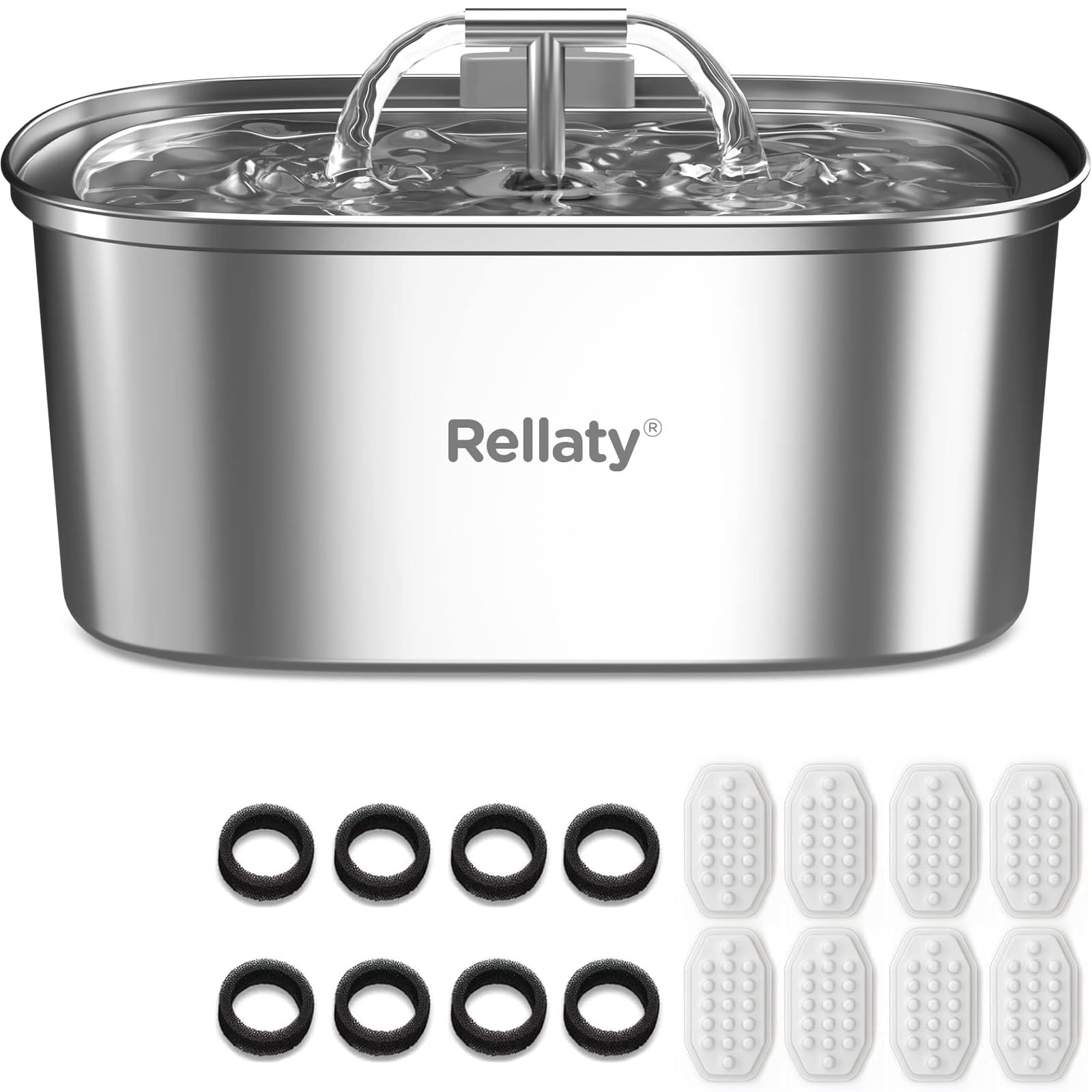 Rellaty Cat Water Fountain Stainless Steel & 8+8 Filters Replacement & Pre-Filter Sponges Set