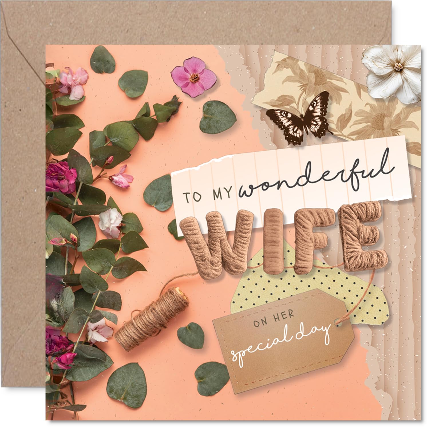 Heartfelt Birthday Card for Wife - Warm Wishes on Her Special Day - Elegant Floral and Butterfly Motif with a Loving Message, Mother's Day - 145mm Square, Envelope Included