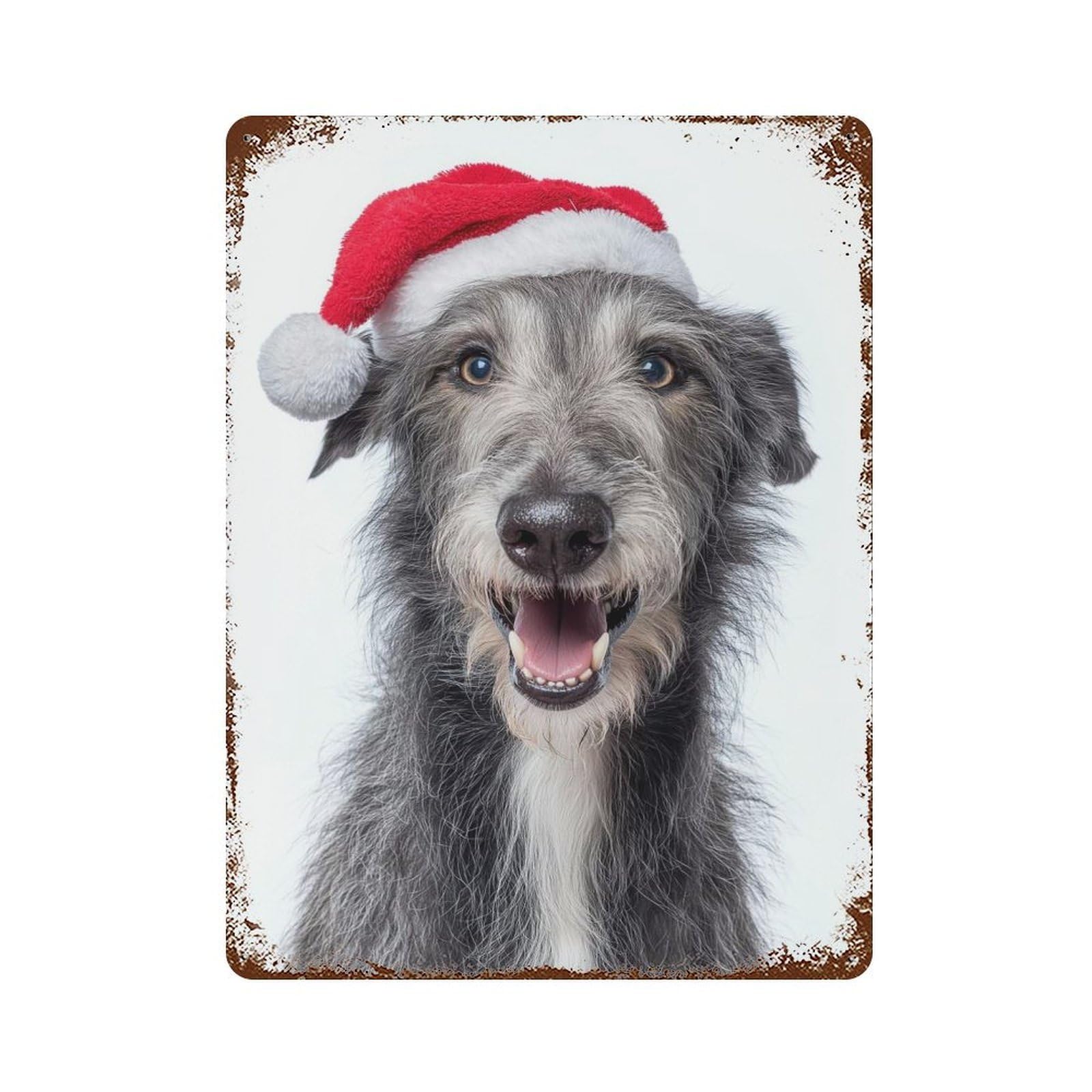 Scottish Deerhound Dog with Santa Hat Portrait 15.7"x11.8" Vintage Rust Metal Sign, Shabby Chic Decor for Garage, Bar And Workshop Decor