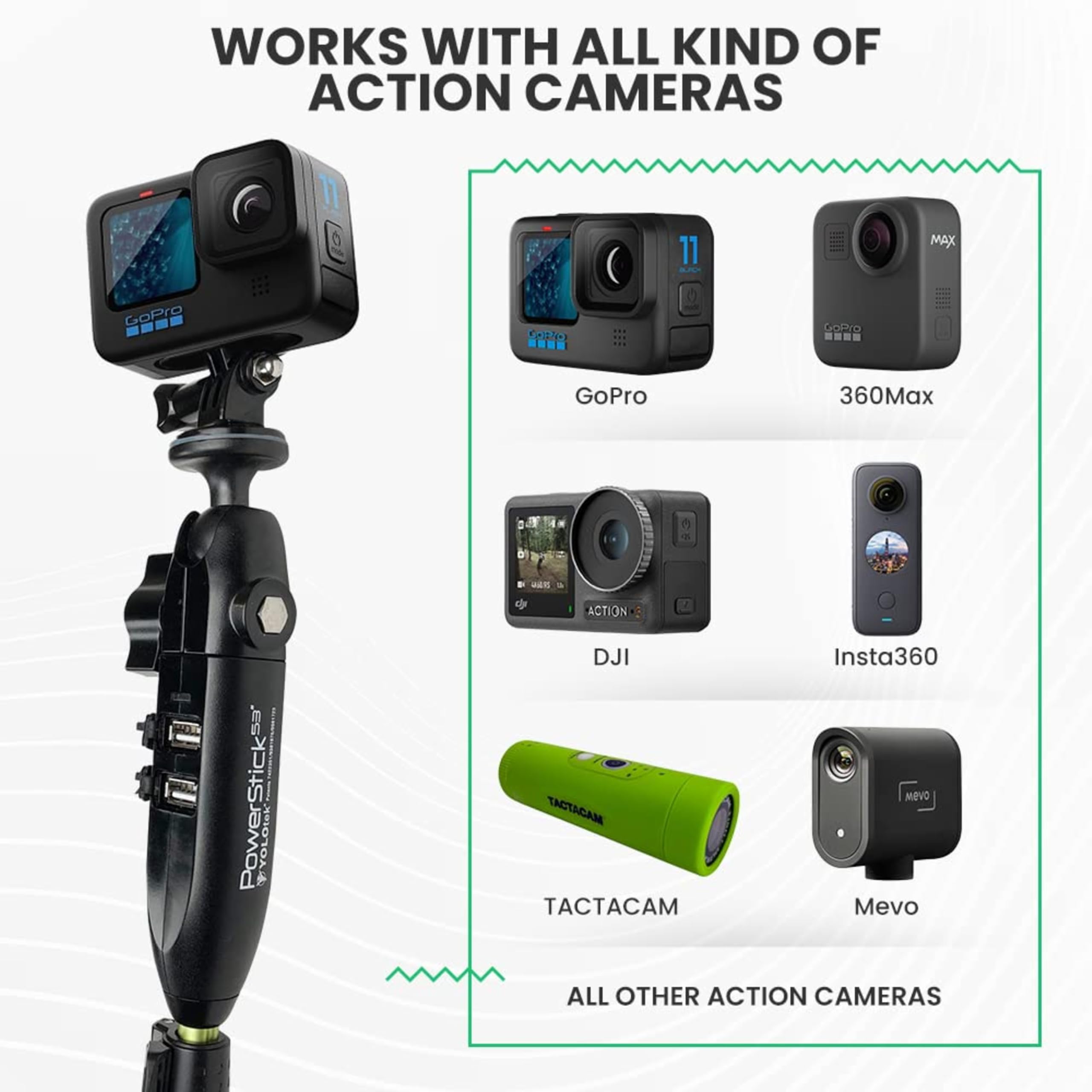 YOLOtek Veteran Owned - PowerStick 53 Stick Only - Boat Mount Give Constant Power for GoPro DJI Insta360 Mevo & All Action Cameras - Hands-Free Recording While Fishing or Boating product thumbnail 4