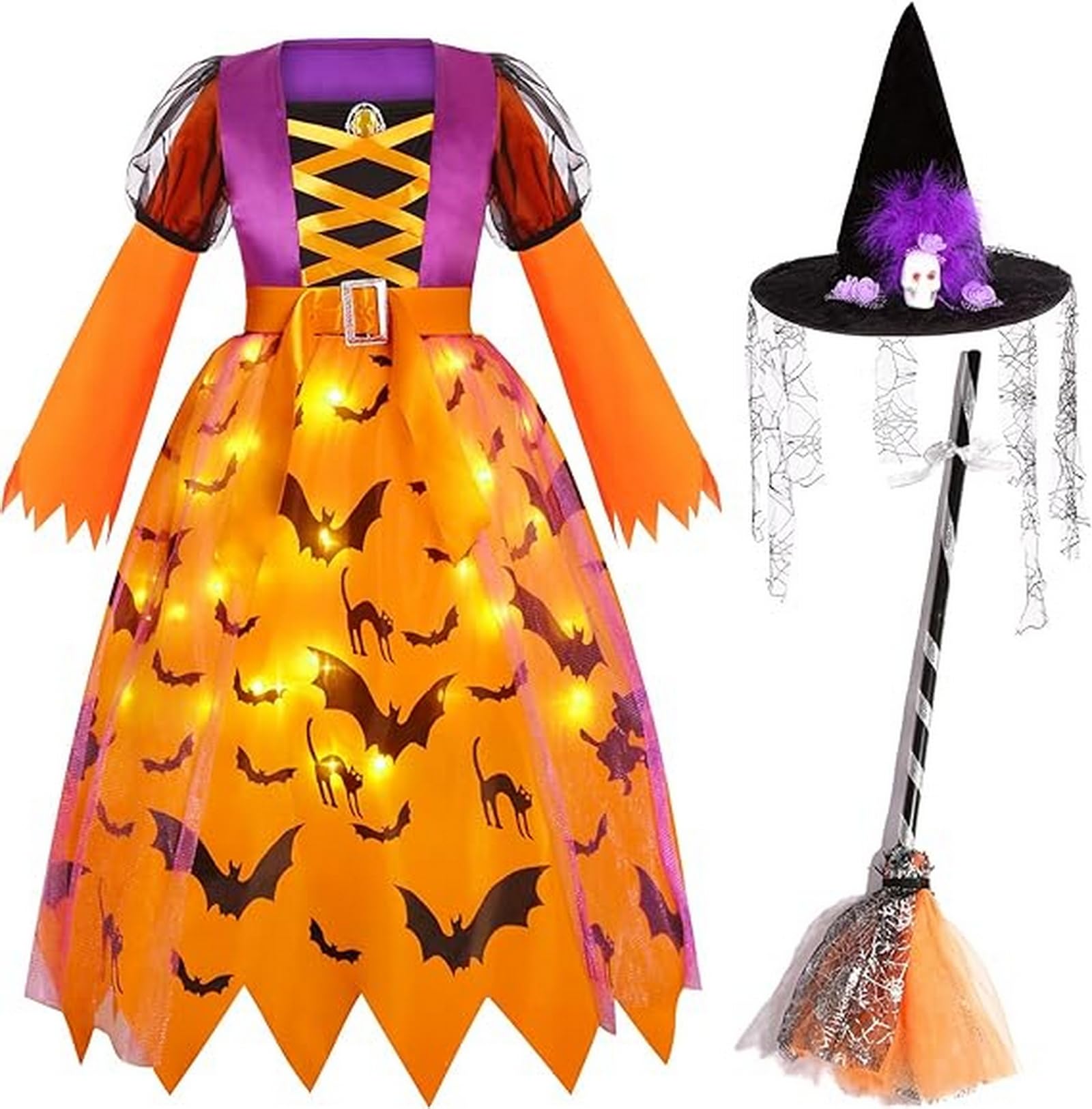 ZUCOS Disfraz infantil de bruja con luces para Halloween, disfraz de niña, carnaval, cosplay, vestido de princesa con escoba de bruja y sombrero