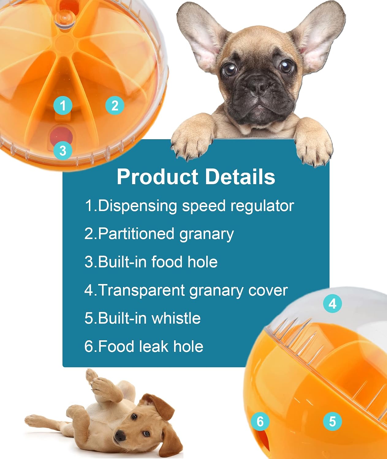 Dog Treat Ball, Adjustable Dispensing Interactive Toys, Squeaky Puppy Puzzle Toy for Boredom Slow Feeder (Orange)