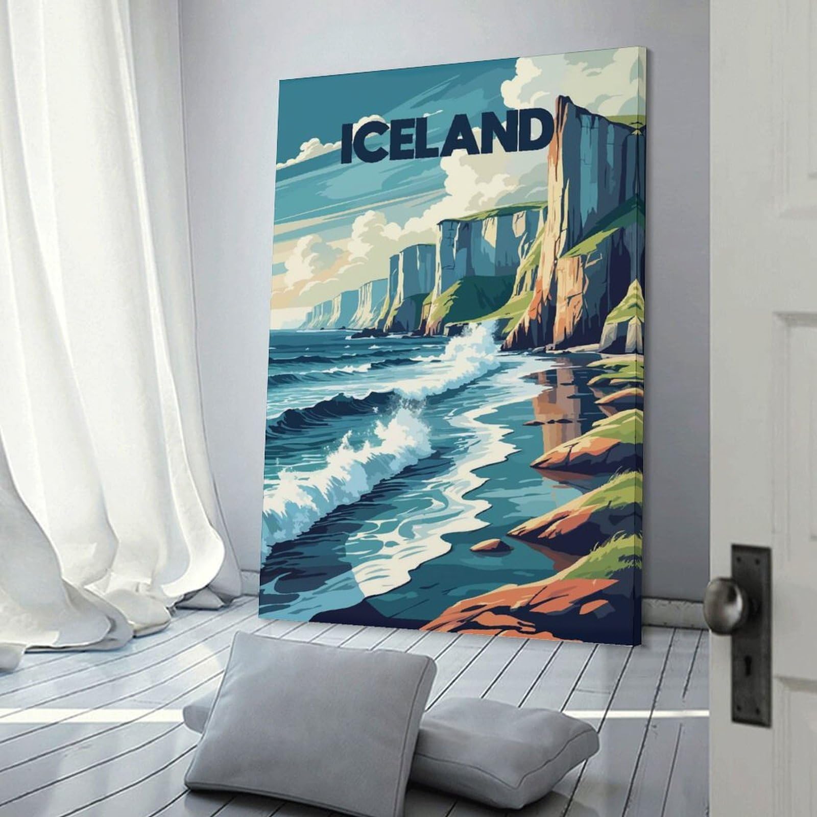 Junmoney Iceland Coastal Landscape Illustration Canvas Art Print 20x30inch(50x75cm), for Feature Walls in Flats Or Modern Rooms, Decorative Artwork with Flexible Styling