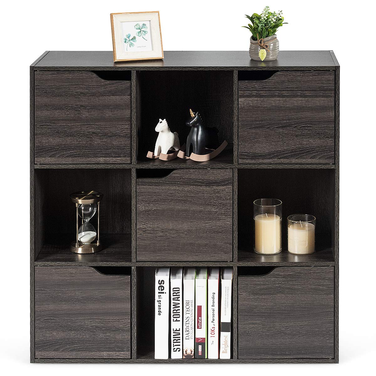 RELAX4LIFE Estantería Libros de 3 Niveles con 9 Compartimentos y 5 Puertas, Estantería de Madera con Dispositivo Antivuelco para Salón, Oficina y Estudio, Muebles de Salón, 90x29x90cm (Gris)