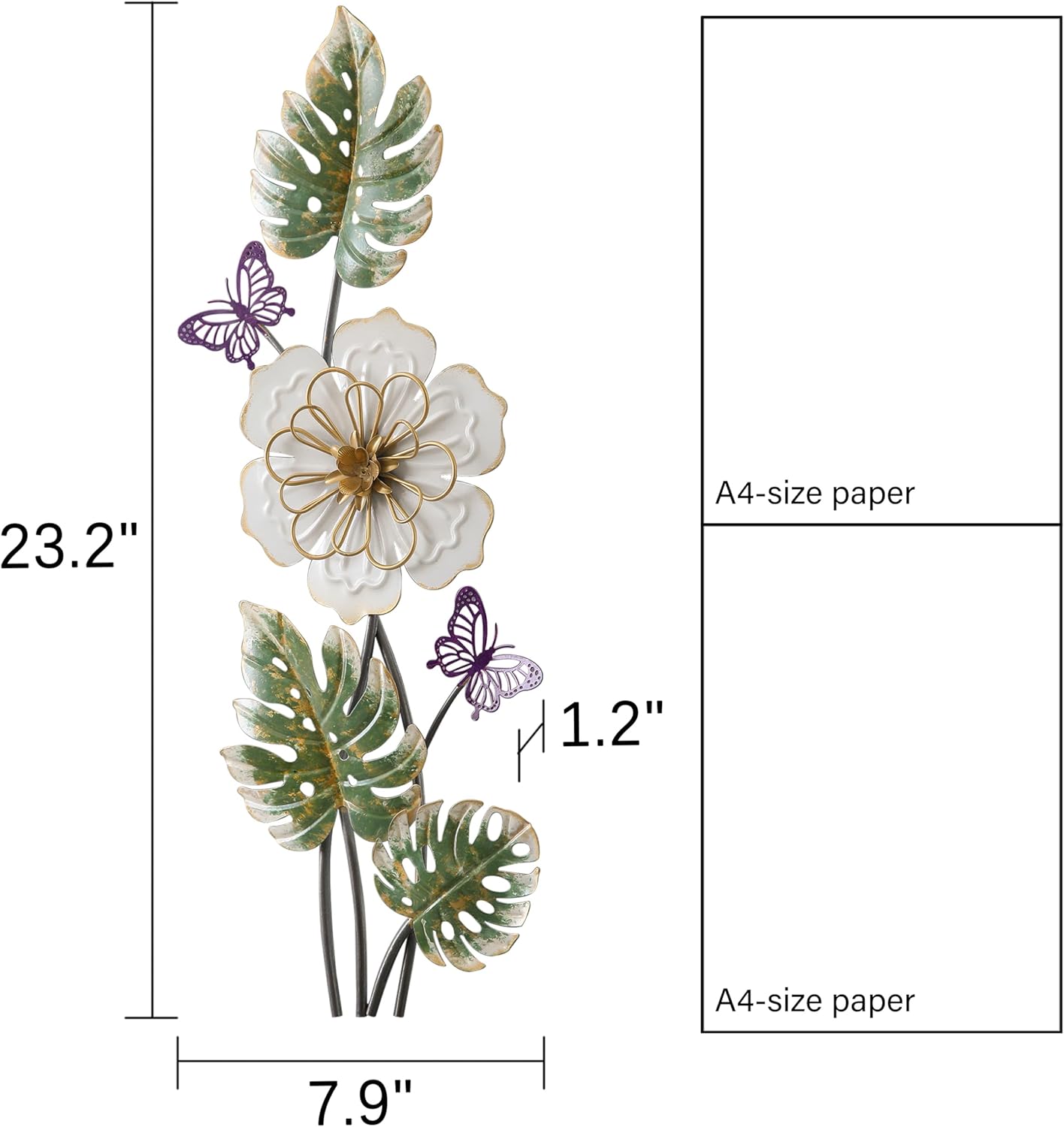 Sintosin Antique 3D Metal Flower Wall Decor 23 X 8 Inch, Hanging Metal Decorative Wall Art for Living Room, Vintage Leaves and Butterflies for Decoration Hallway Entryway Bedroom Dining Room
