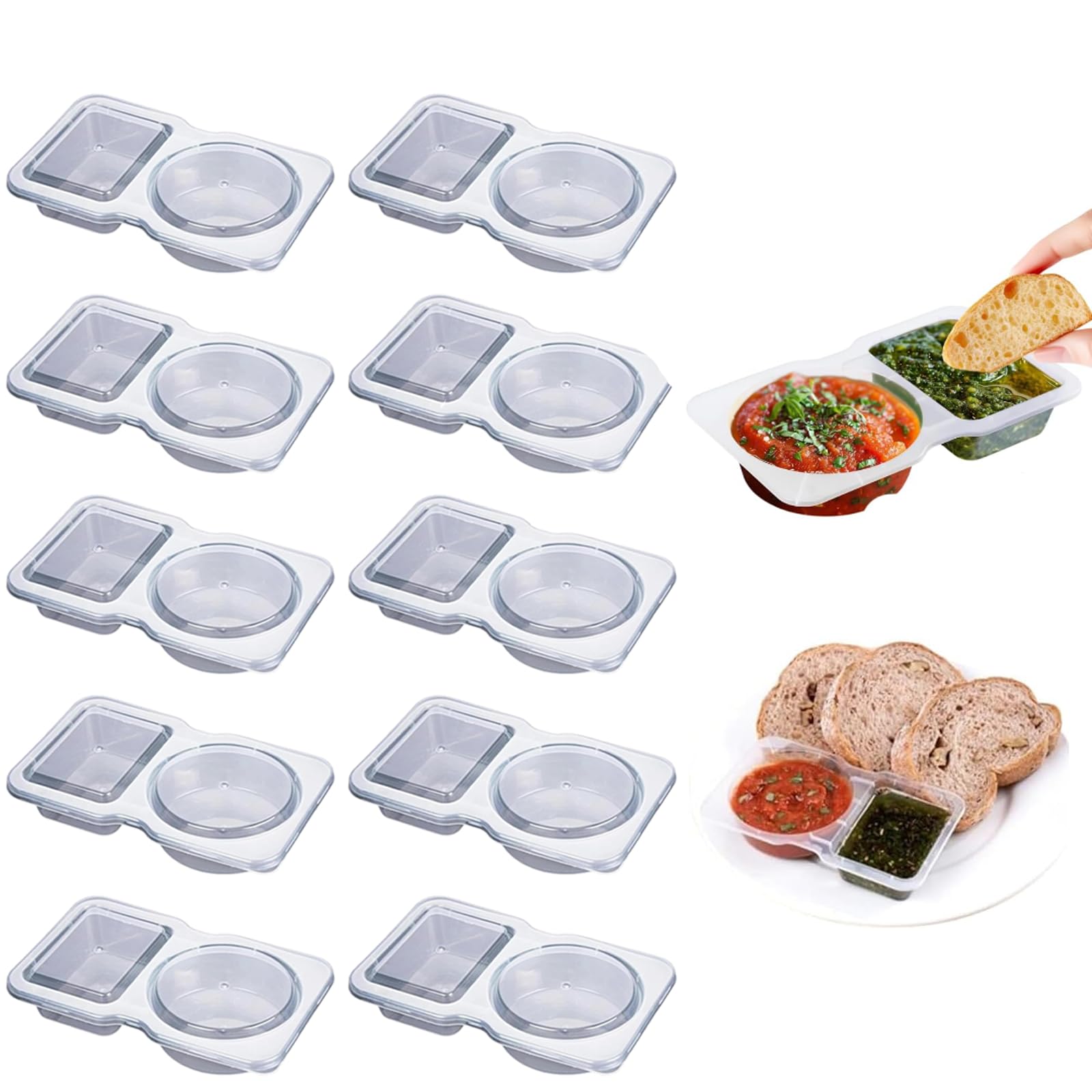 10PCS Double Compartment Condiment Container With Lids, 2 Compartment Sauce Containers for Condiments or Dips, Portable Reusable Sauce Container, Double Compartment Snack Containers (10pcs)
