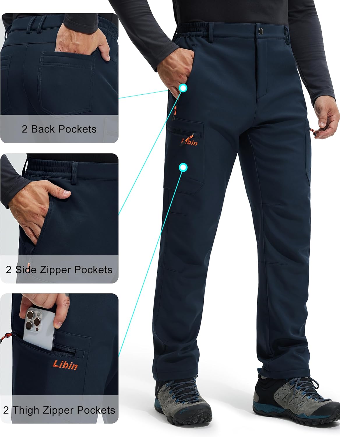 Libin Men's Fleece Lined Hiking Pants Snow Ski Water Resistant Thermal Zipper Pockets Insulated Softshell Cold Weather - Image 4