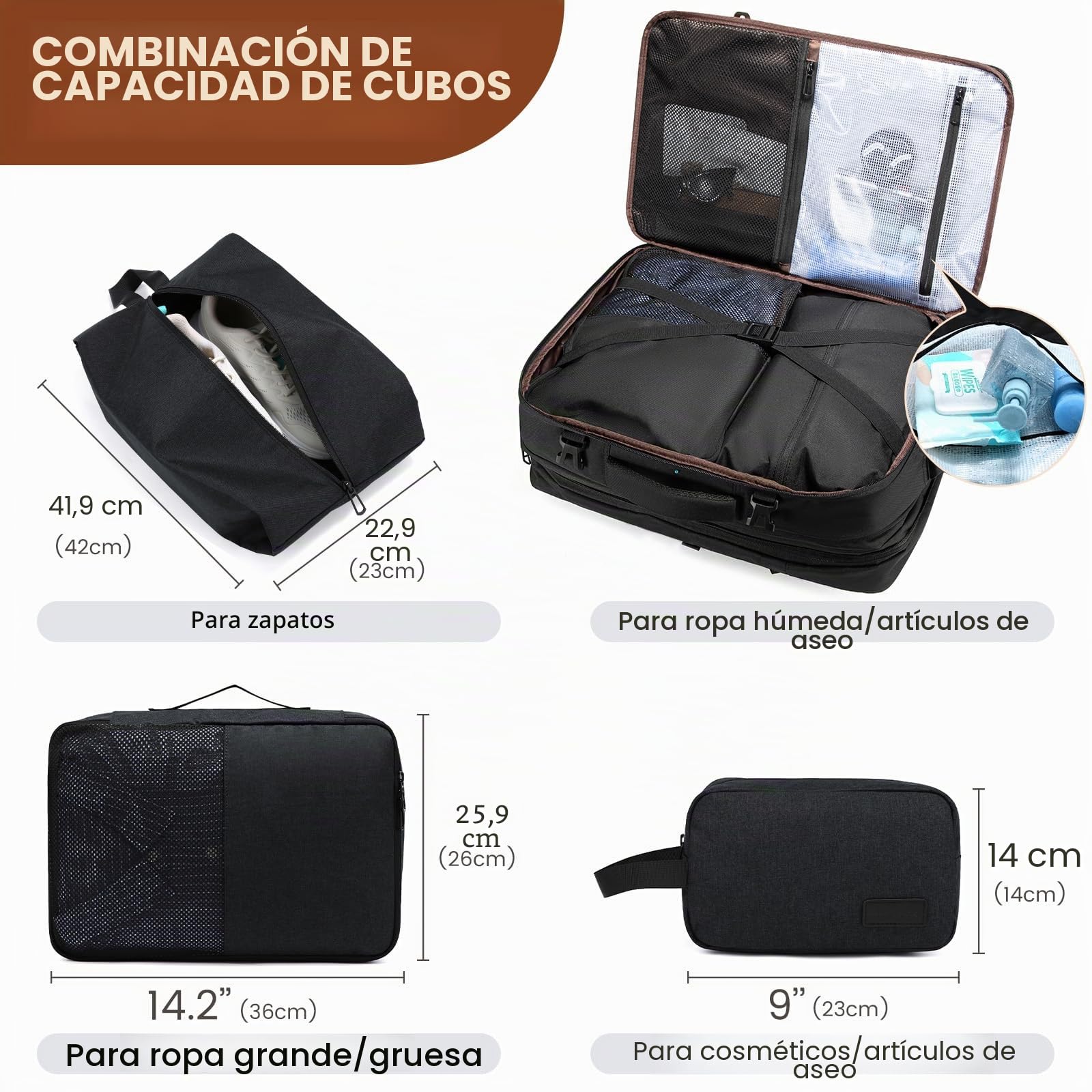 LOVEVOOK Mochila Viaje Cabina Avion Maletas De Viaje Cabina, 50L Equipaje De Mano Mujere Hombre, Mochila Para Portátil 18 Pulgadas, Travel Backpack Cabin Bag para Viagem Trabajo Escuela, Negro
