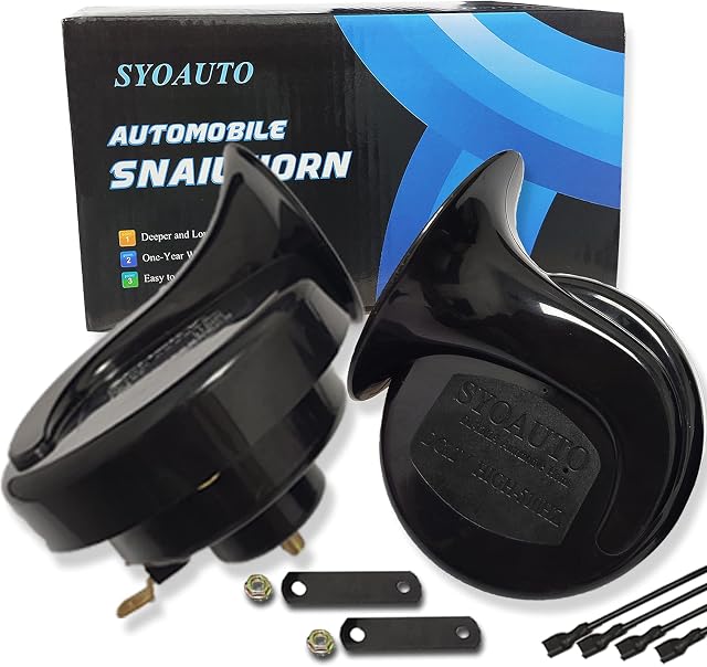 SYOAUTO Car Horn Truck Horn 12V Horn Waterproof High Low Tone Universal Fit Super Loud Electric Snail Horn 12V Horn Kit Replacement Horns