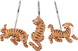 Tiger Decorative Shower Curtain Hooks Rings for Summer Tropical Plants Jungle Leaves Shower Curtains Bathroom Decorations Accessories, Metal Rustproof Cute Wild Animals Shower Curtain Hooks