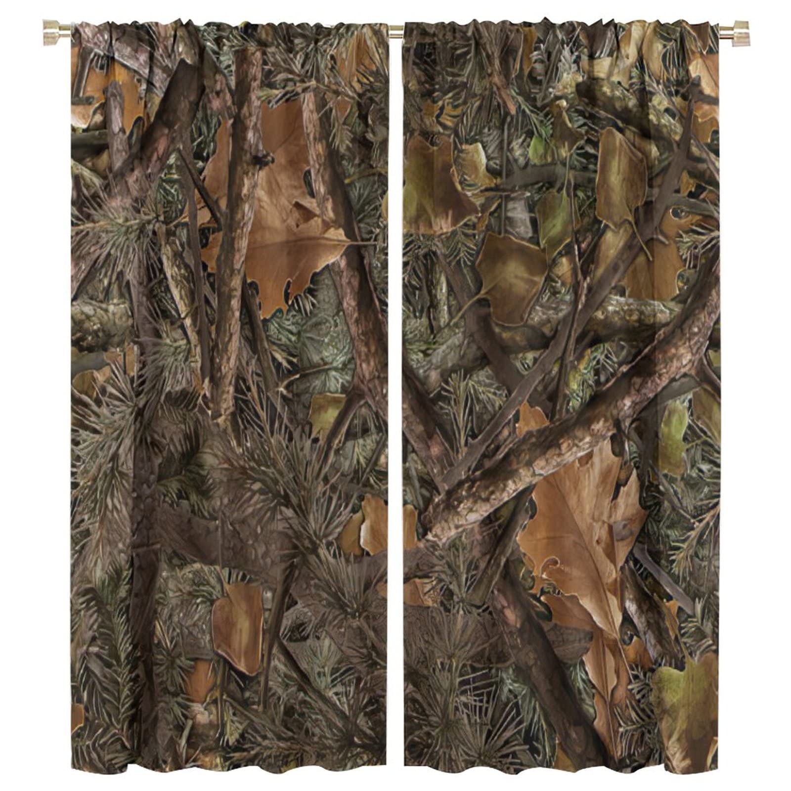 Forest Camouflage Curtains, Forest Camo Conifer Oak Branches Leaves Mossy Hunting Lodge Camp Cabin Theme Blackout Windows Door Curtain for Bedroom Living Room Home Decor 42x45in