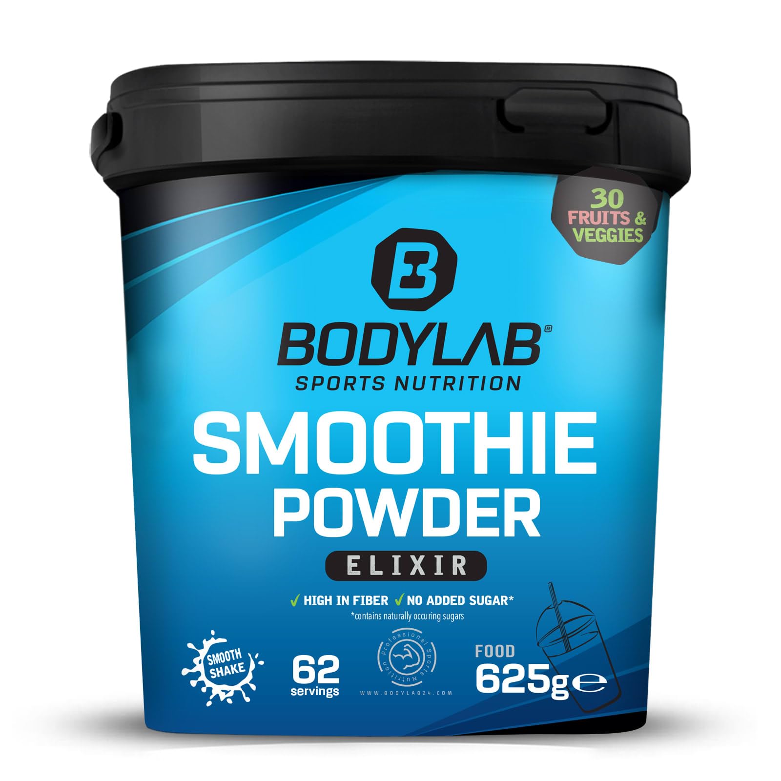 Bodylab24 Smoothie Powder Green Elixir 625g, kalorienarmes Pulver zur Herstellung eines Getränks in Smoothie-Art, aus ca. 30 Frucht- und Gemüsesorten, enthält Ballaststoffe