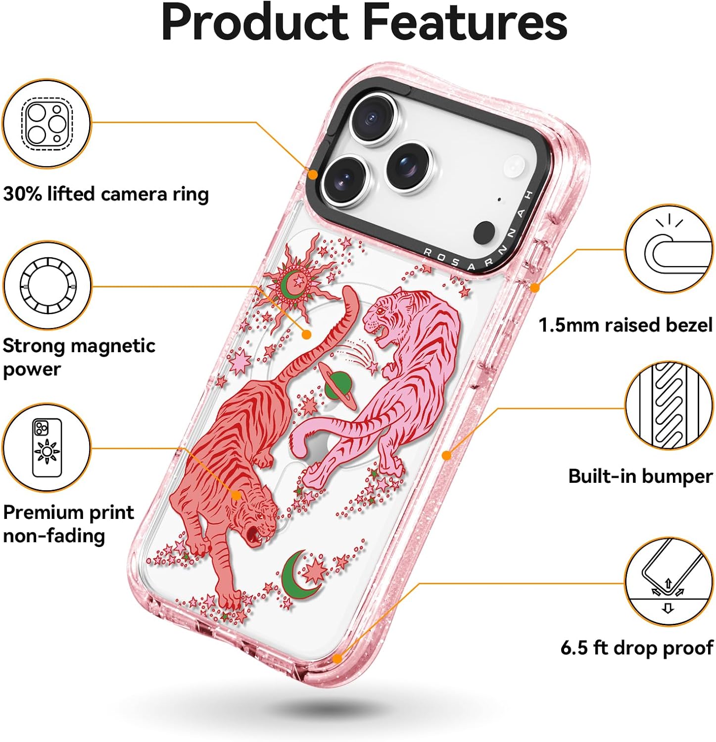 Rosarnnah for iPhone 17 Pro Max Case Cute - Compatible with Magsafe - Military-Grade 20 ft Drop Protection Shockproof Phone Case - Funny Tiger Design (6.9") Glitter Pink