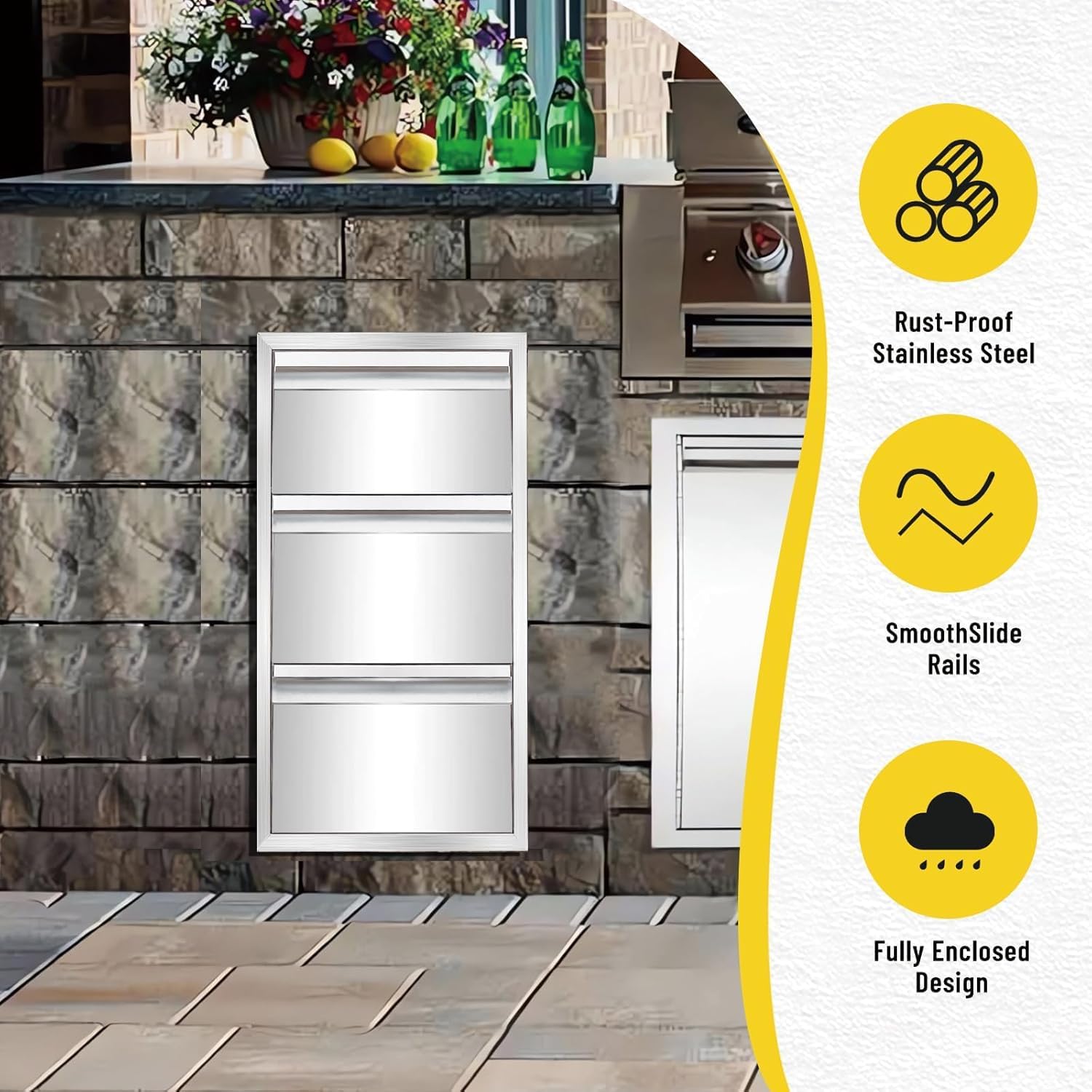 Outdoor Kitchen Drawer, Stainless Steel Triple Drawer, 14W 21H 23D Double Wall Outdoor Kitchen Drawer,Kitchen Cabinet Grill Station or Grill Island