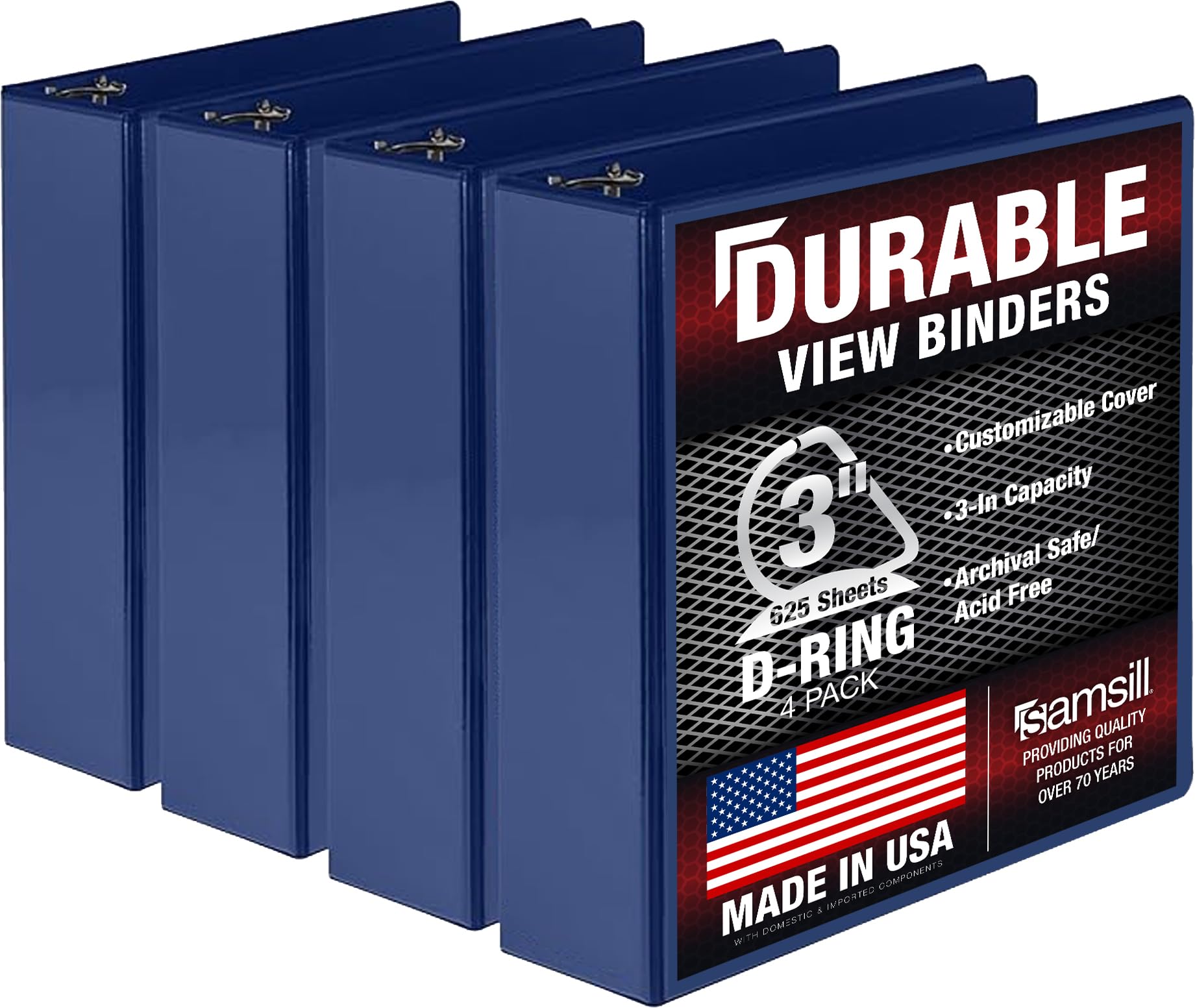 Samsill Durable 3 inch 3 Ring Binder, D Ring Binder, 100% Recycled Chipboard, Blue, 4 Pack