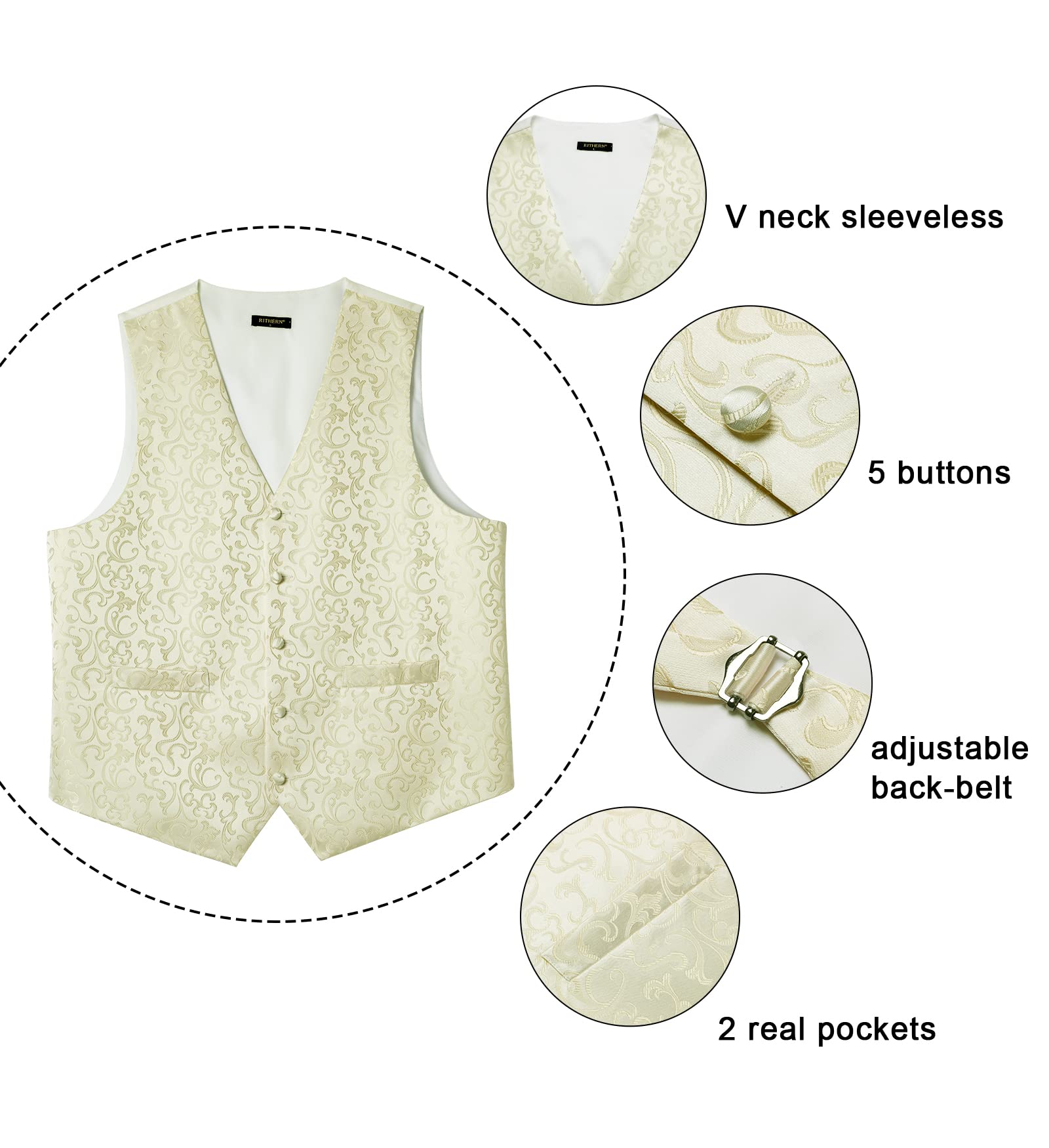 Gilet Homme Paisley Floral Jacquard Gilets Sans Manches Cravate Poche Carré Ensemble avec Boutons de Manchette et Pince à Cravate Ensemble pour Mariage Fête Costume d'affaires Ensemble Gilet