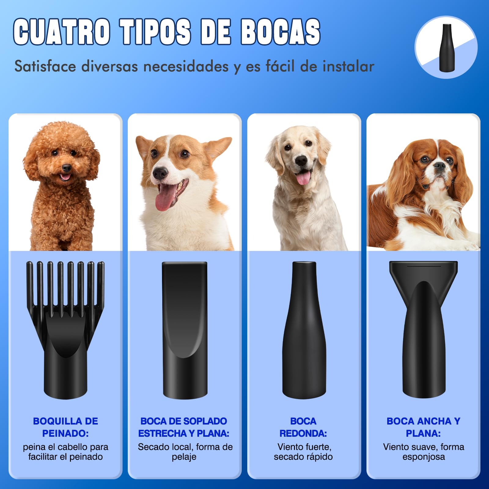 2800W Secador de pelo para mascotasSecador de pelo de bajo nivel de ruido, velocidad continua, temperatura ajustable, 2,5 m de manguera flexible con 4 boquillas