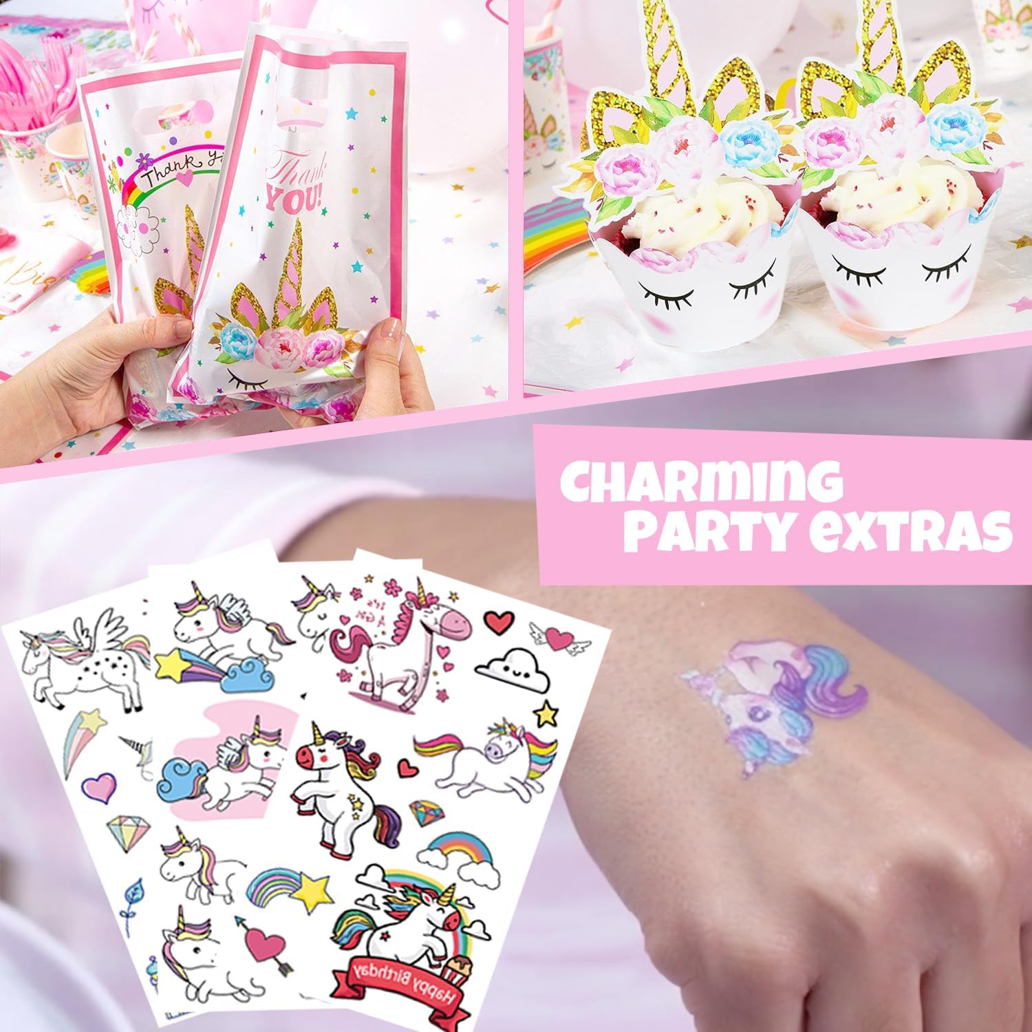 Unicorn Birthday Decorations, Unicorn Party Supplies for Girls Birthday - Party Backdrop Bday Balloons Kit Headband Cake Cupcake Toppers Wrappers Banner Tattoos Plates Cups Napkins Straws Favor Bags