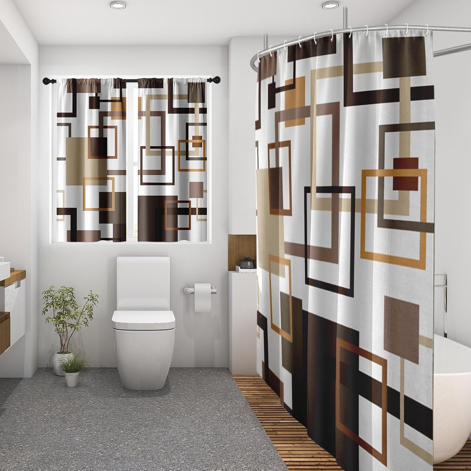 Geometric Vintage Brown Shower Curtain Set, Abstract Modern Line Bathroom Window Waterproof Shower Curtain Set for Bathroom Decor