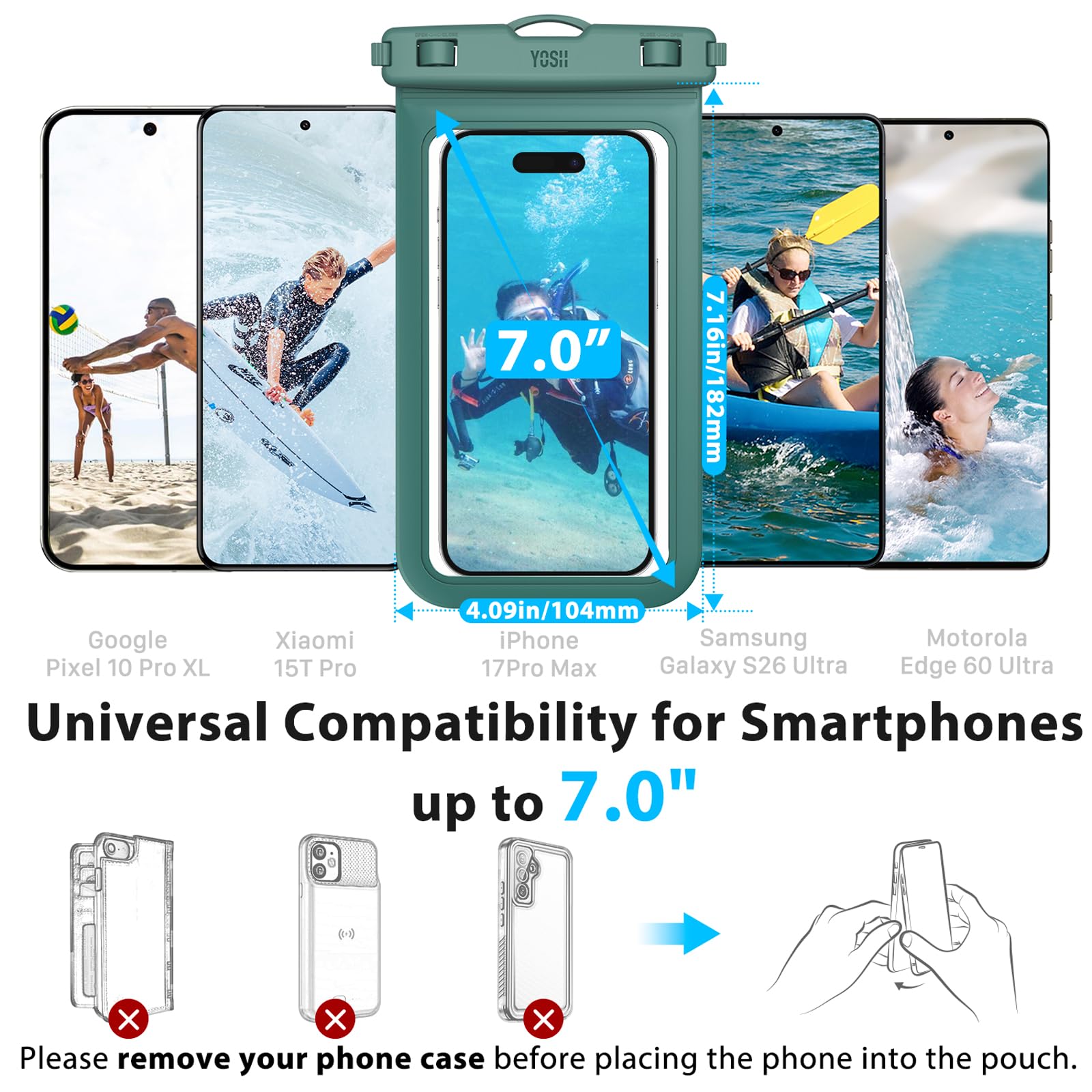 YOSH Zielone wodoodporne etui na smartfon, IPX8 wodoodporne etui na iPhone 17 16 15 14 13 Pro Max XS XR X SE, Samsung S24, S23, S22, A14, A23, A33, Xiaomi Redmi ochrona telefonu, woda do 7,0 cala