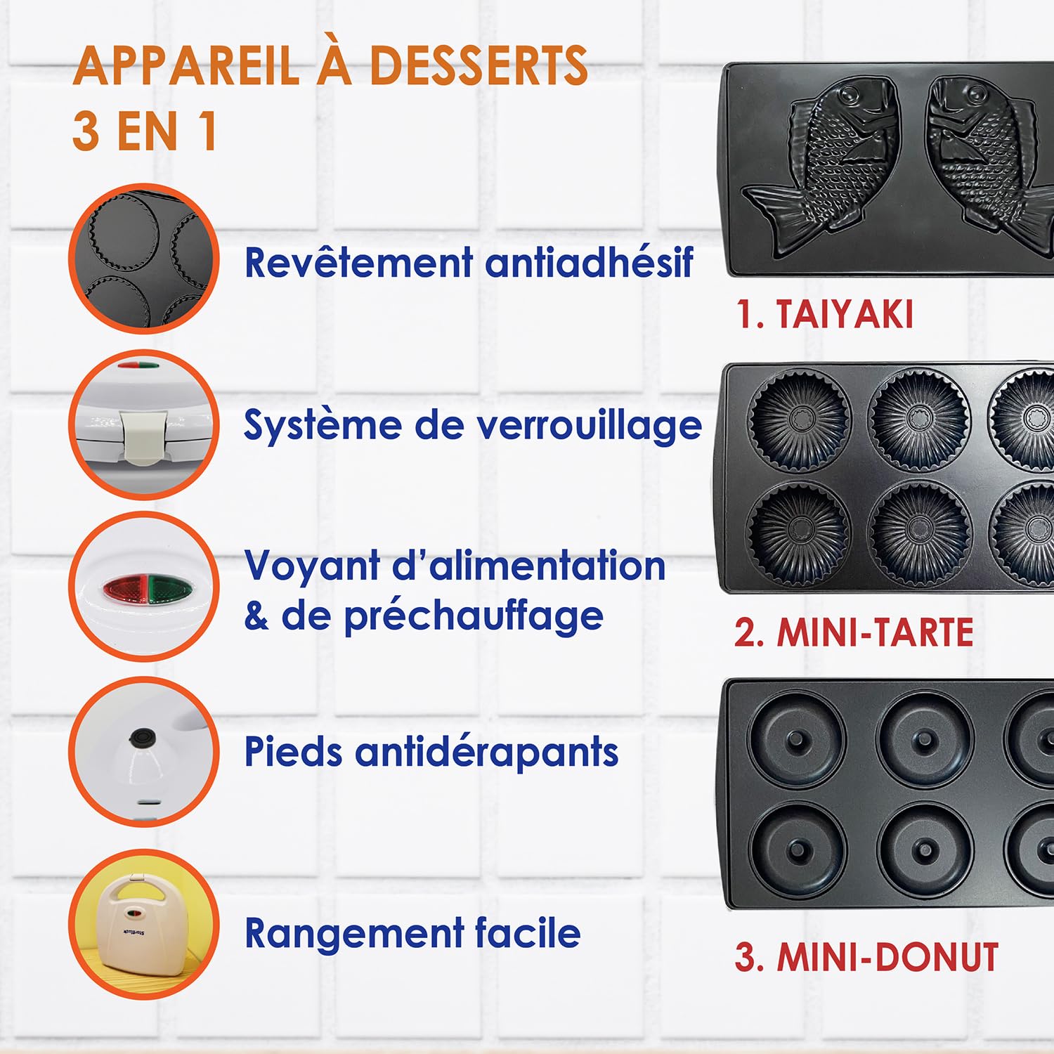 StarBlue Appareil Pour Petits Beignets, Tartes Et Quiches, Machine A Taiyaki, 3 En 1, Avec Plaque Amovible, 220-240 V CA, 50/60 Hz, 700-800 W, Blanc