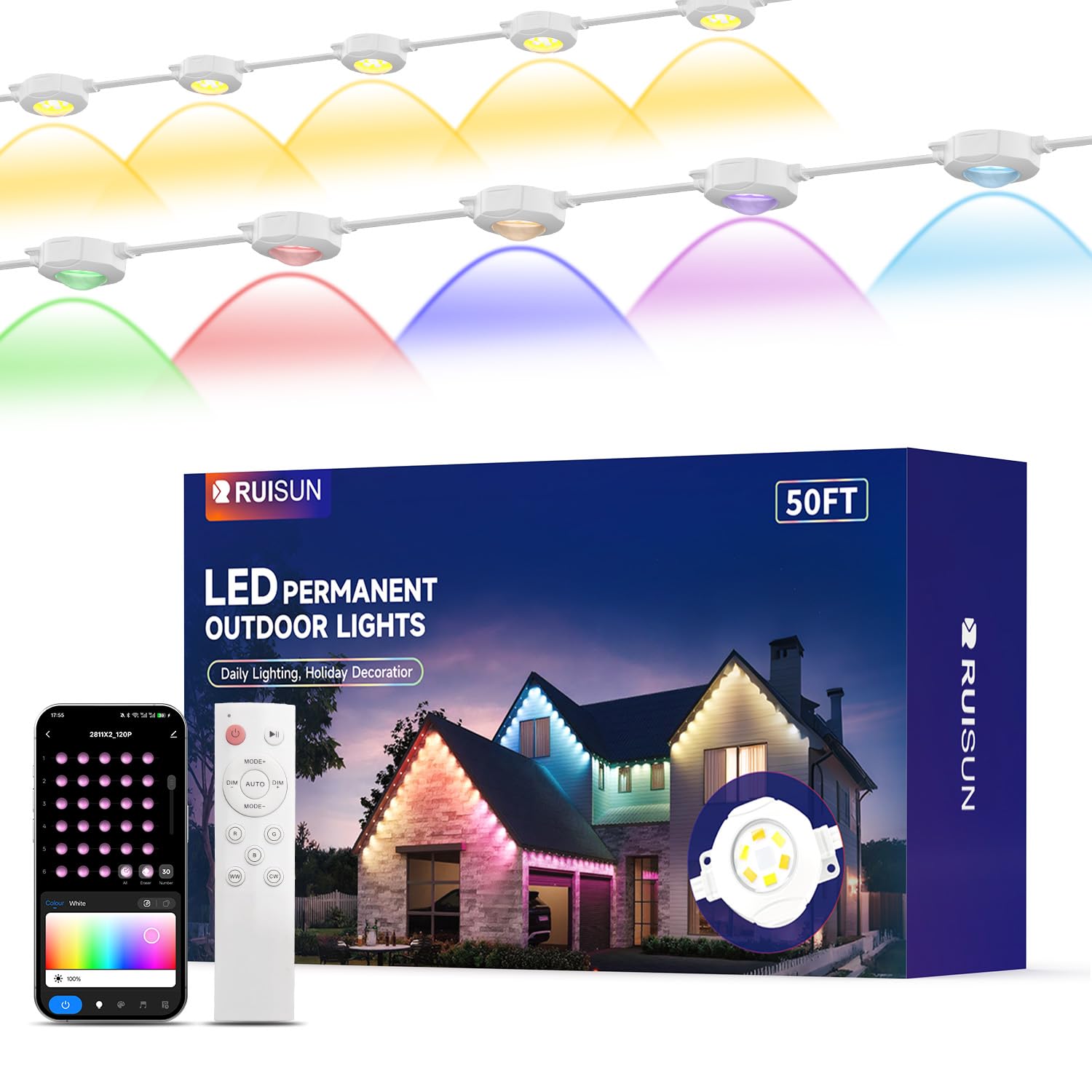 Permanente Außenbeleuchte Lights 15M RGBICW 2700-6000K LED Lichterketten Outdoor IP67 Wasserdichte mit App Steuerung für Weihnachtsdekoration Gartenpartys und tägliche Beleuchtung(Weiße 50FT)