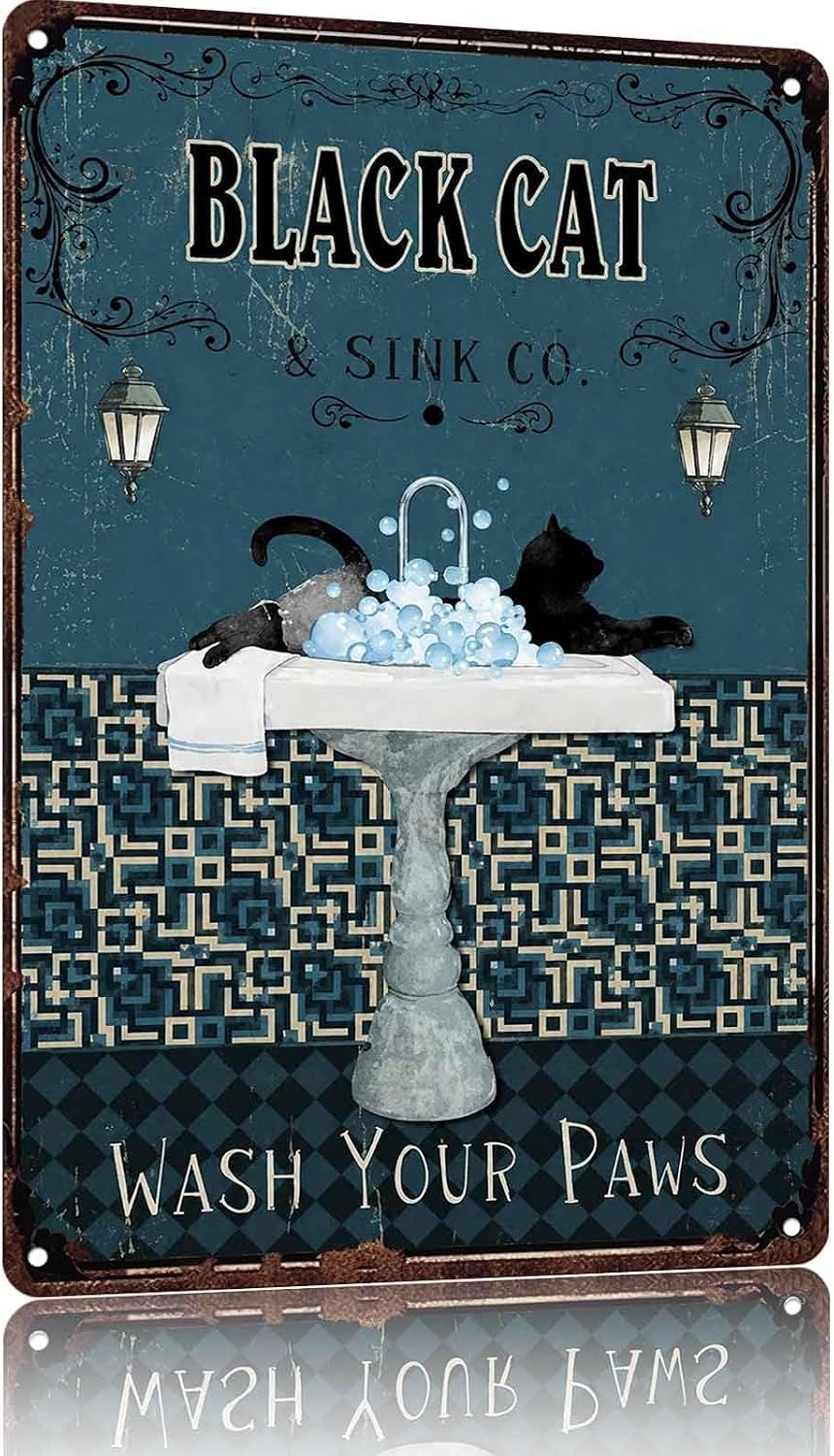 Vintage Black Cat Metal Signs 8x12 Inch Bathroom Wall Decor