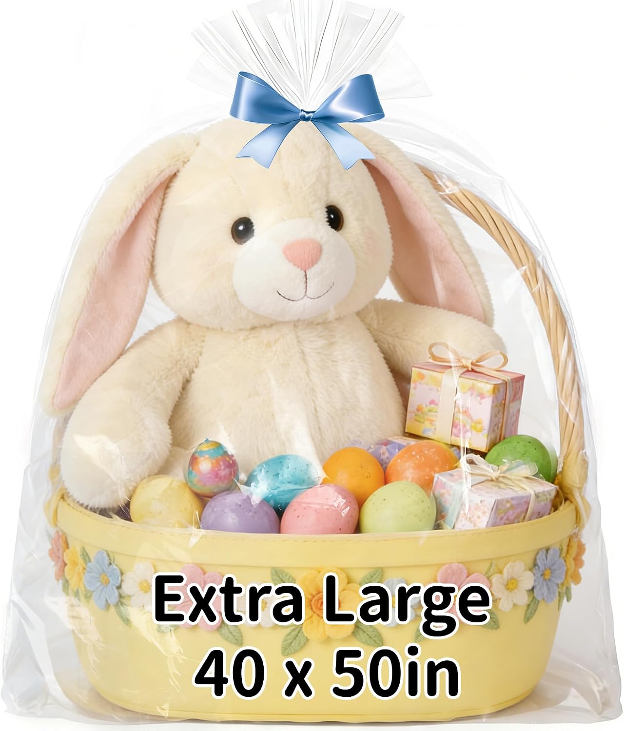 QOIUSO 6PCS Extra Large Cellophane Bags 40x50 Inch - Jumbo Clear Plastic Cellophane Wrap for Easter Gift Baskets, Weddings, Birthdays and Holiday Parties - 2.8 Mil Thick Clear Gift Bags