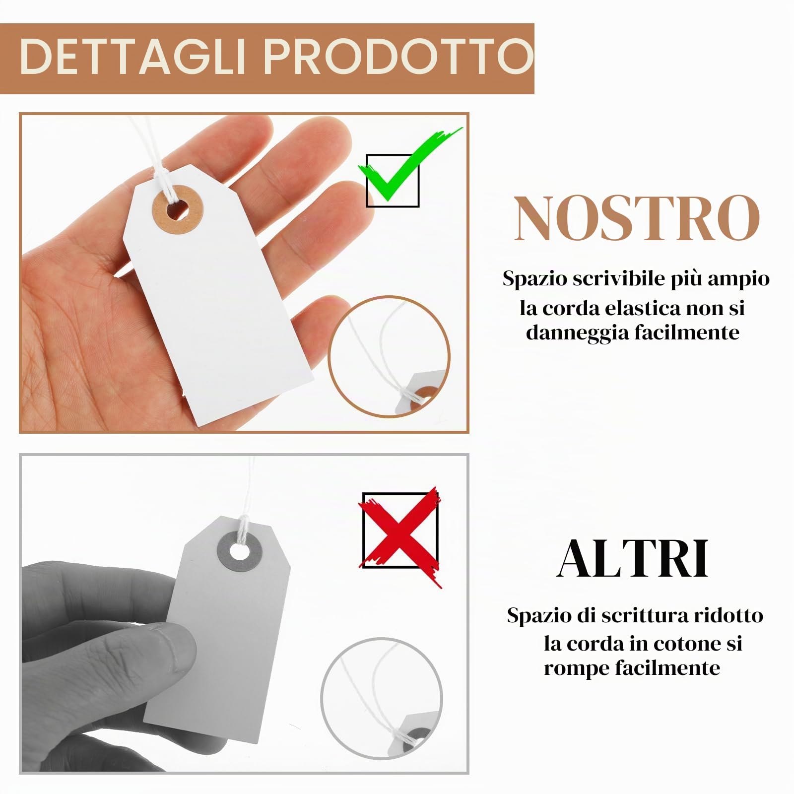 Nogeqi 100 etichette bianche per prezzi, regalo, inventario con cordino e foro rinforzato (2,76 x 3,5 cm)