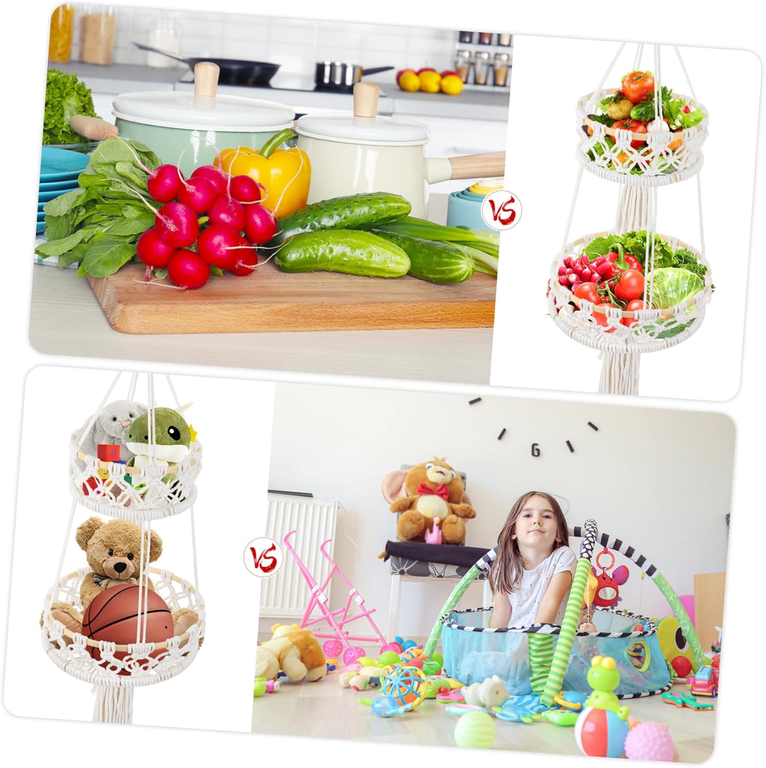 Cotton Rope Woven Wall Hanging Storage Basket Vegetable Organizer for Home Kitchen Balcony Decor Natural Handcrafted