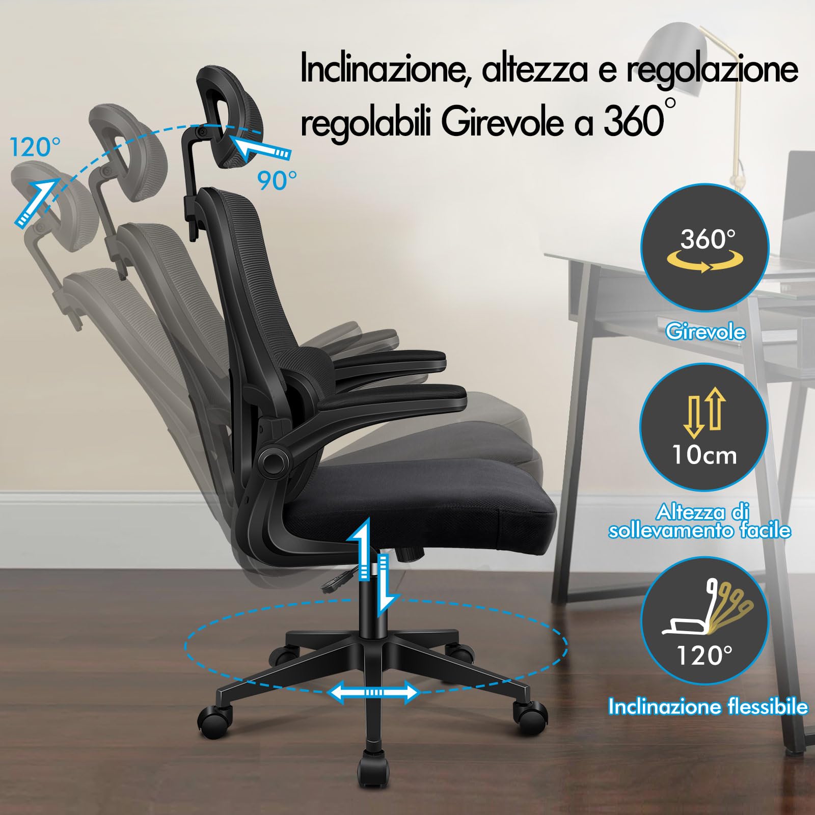 ALFORDSON Sedia da Ufficio Scrivania Ergonomica Lombare Nera | Poltrona Girevoli in Rete Serie NYLES, Supporto lombare adattivo, Poggiatesta regolabile, Braccioli imbottiti, Portata 150 kg
