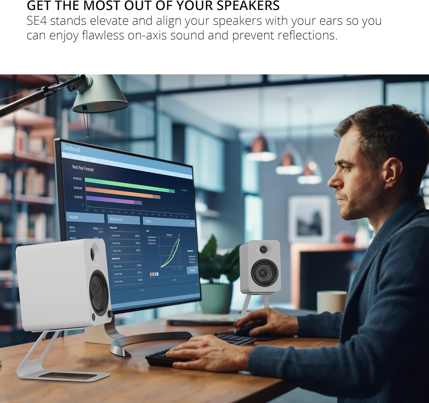 Kanto SE4 Elevated Desktop Speaker Stands for Medium Bookshelf Speakers & Mid-Size 3”-4” Studio Monitors | 5.6” Tall | Supports 9 lbs | Damping 2.0 mm Silicone Padding | ¼”-20 Mounting | Pair | White
