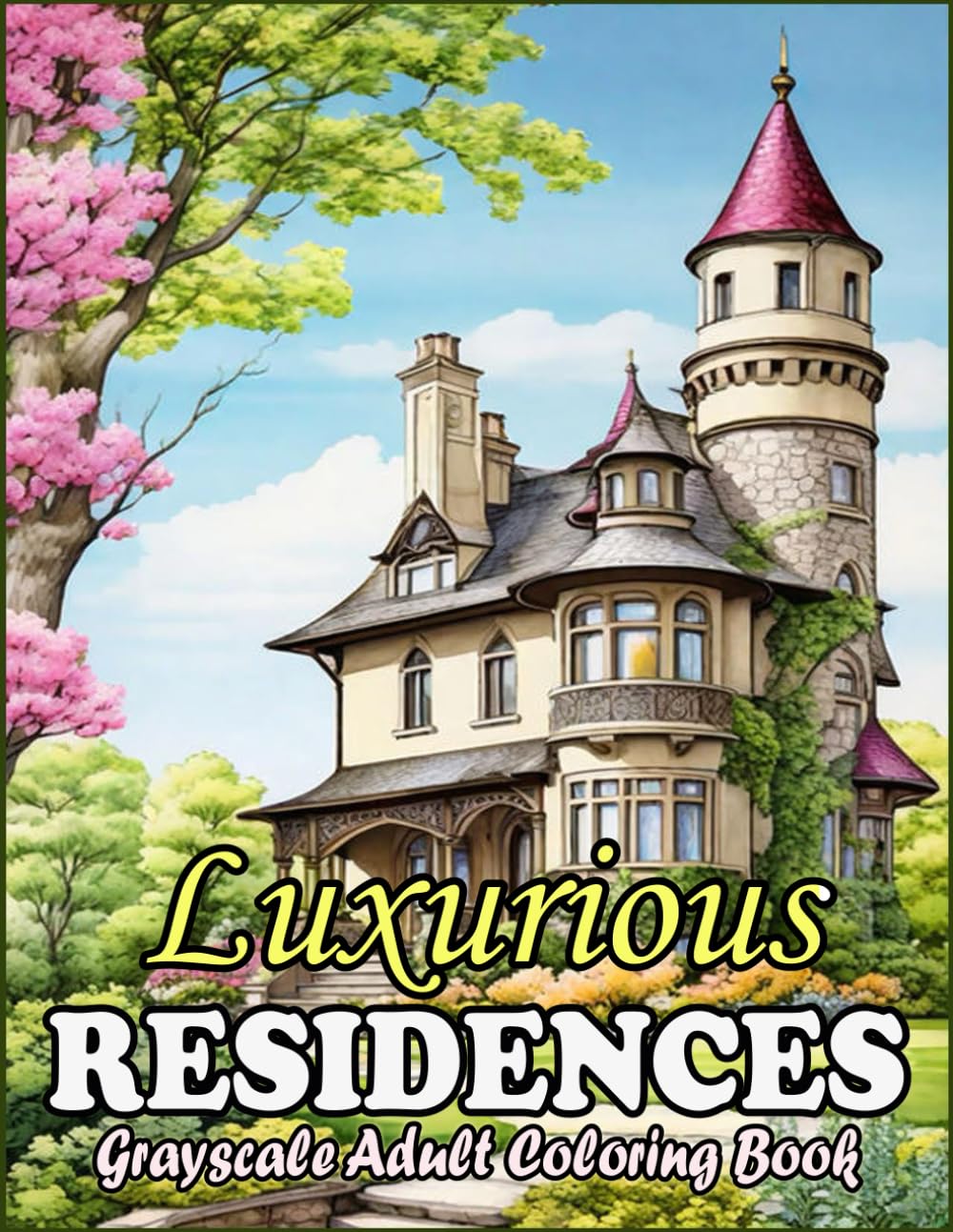Luxurious Residences Grayscale Adult Coloring Book: 50 Pages of Exclusive Exteriors, Country Gardens, Rustic Castles, Relaxing Spring Landscapes, ... Cottages, Large Print, Simple & Realistic