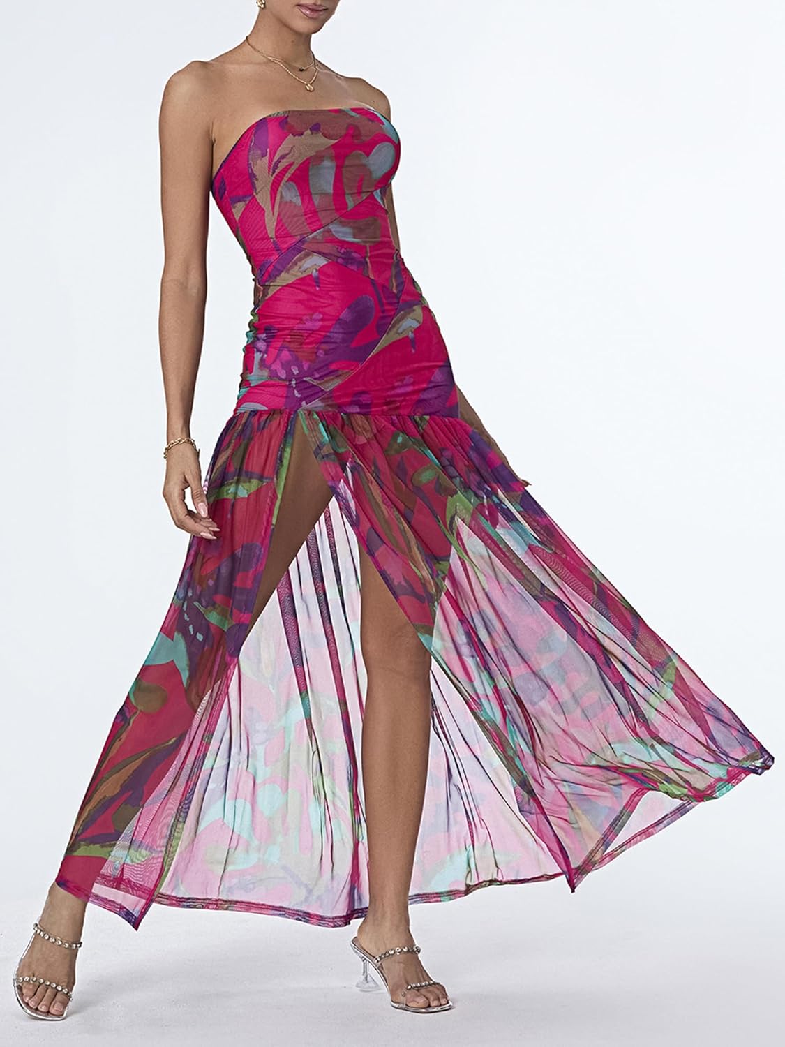 Women Strapless Tube Top Dress Summer Backless Leopard Print High Slit Long Dress Party Club Night Out Dress - Image 4