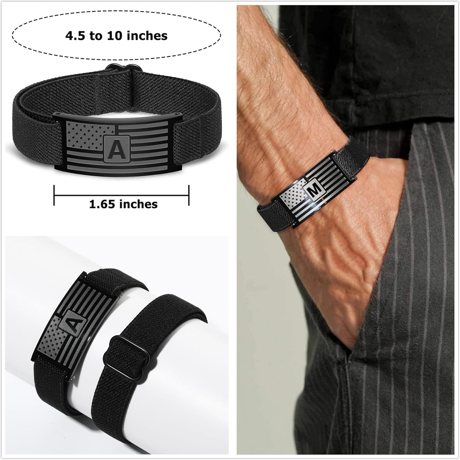 Initial Bracelet for Men Boys, American Flag Stainless Steel A-Z Letter Charm Bracelets Adjustable Patriotic Jewelry Father Graduation Valentine Gifts Trendy Stuff for Kids Teen Boys - Image 4