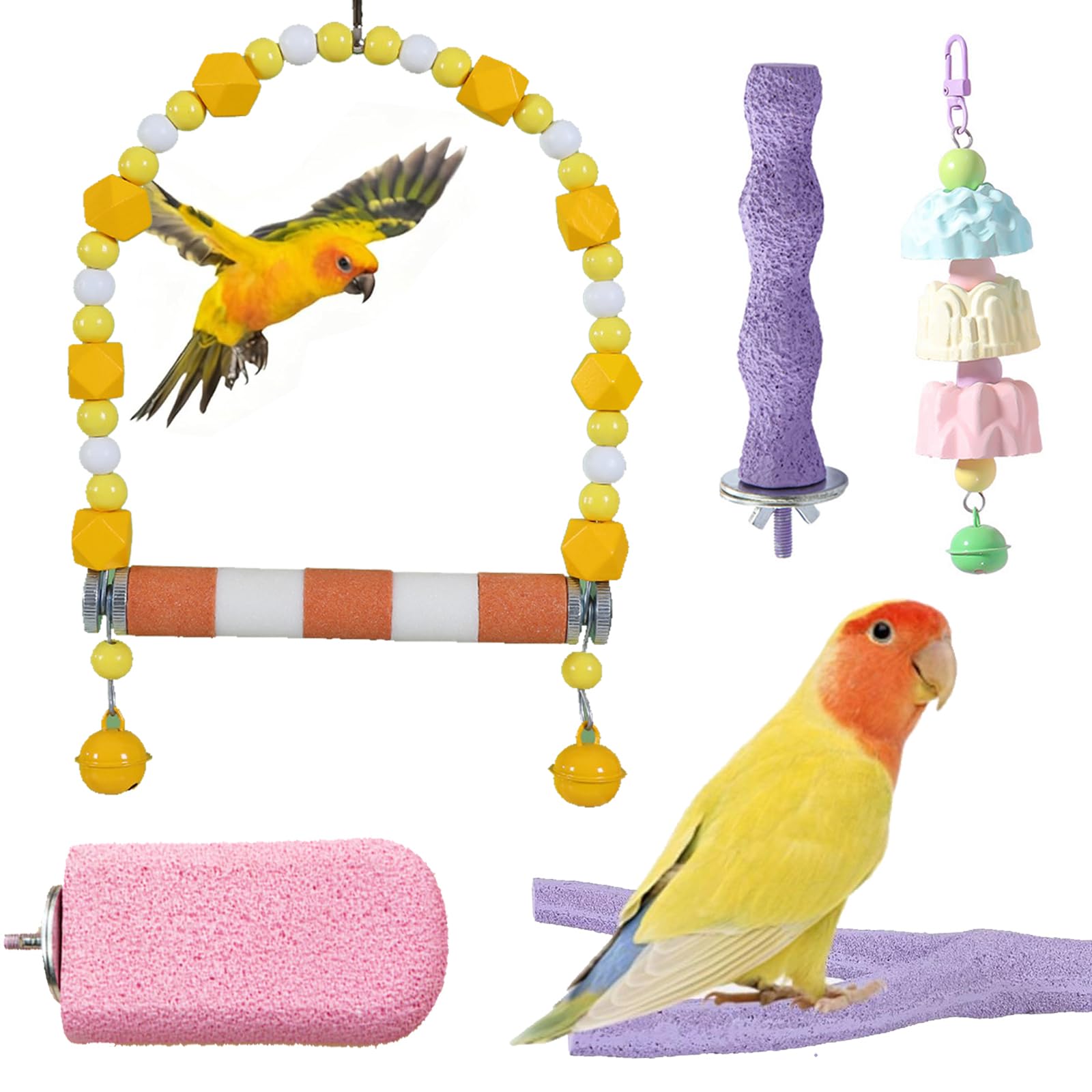 Lot de 5 perchoirs pour oiseaux, bâtons de meulage en calcium pour perroquet, balançoire, tondeuse à pattes pour perruches, calopsittes, petits oiseaux
