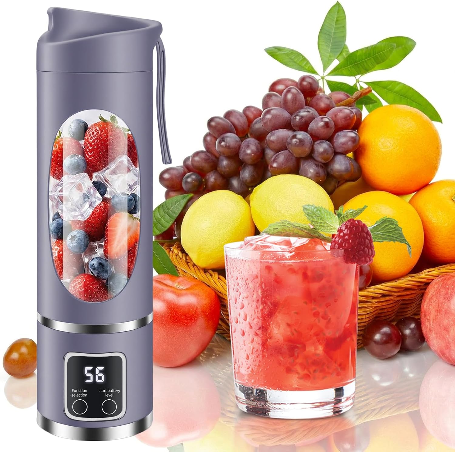 Portable Personal Blender, 500ML Cordless Compact Travel Juicer for Shakes & Smoothies, Small Blenders with Smart time display, Self-cleaning, BPA Free Cup & Lid, 12 blades, USB-C Rechargeable Purple