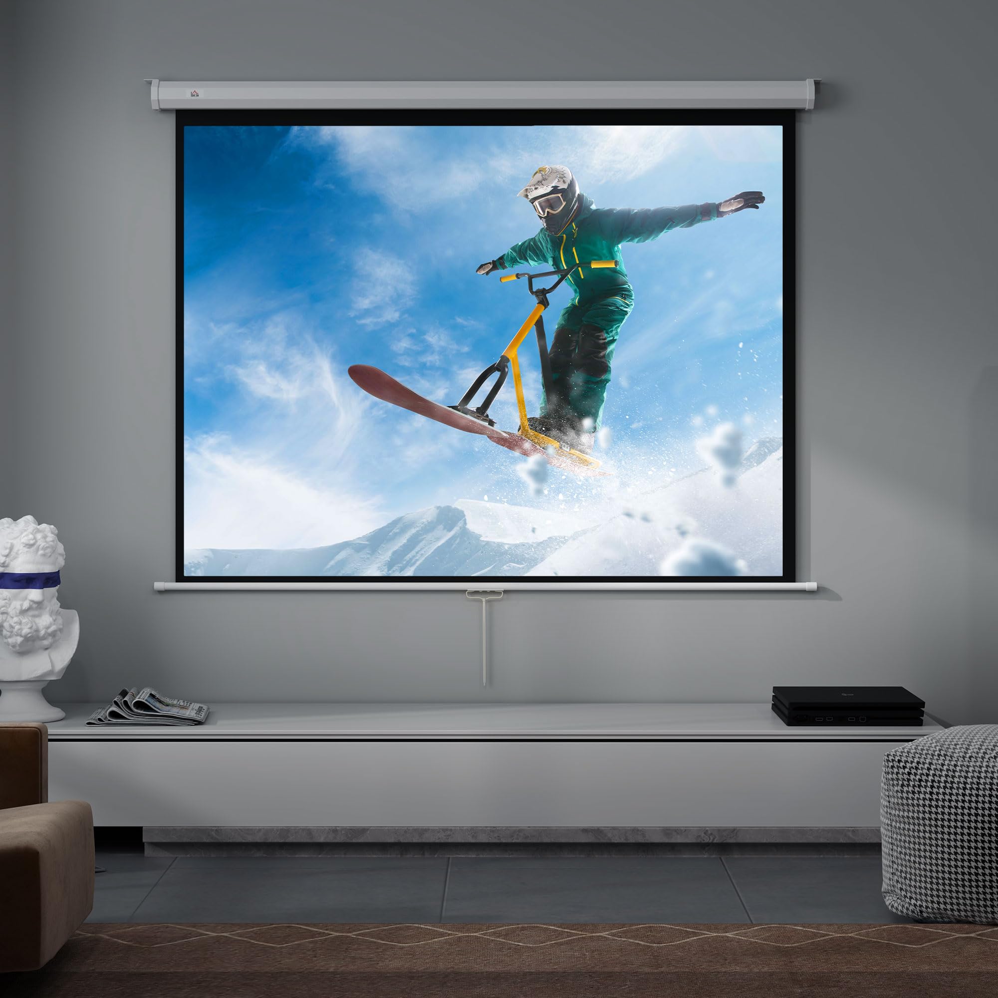 HOMCOM Telo Proiettore da 84 Pollici 4K HD Formato 4:3, Altezza Regolabile Manuale, Schermo Proiettore da Parete Soffitto, Grandangolo 160°, Telo Videoproiettore per Casa Home Cinema Ufficio, Bianco