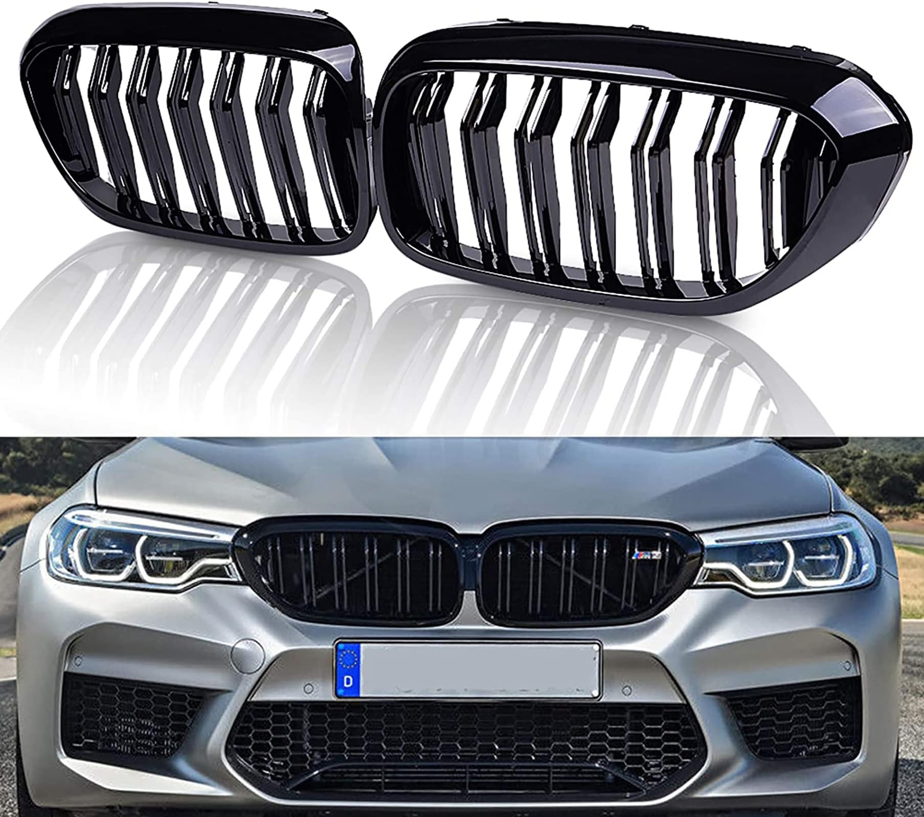 G30 Grille, Front Kidney Grill Compatible for BMW 5 Series G30 G31 2017-2019 Double Slats Gloss Black Grills