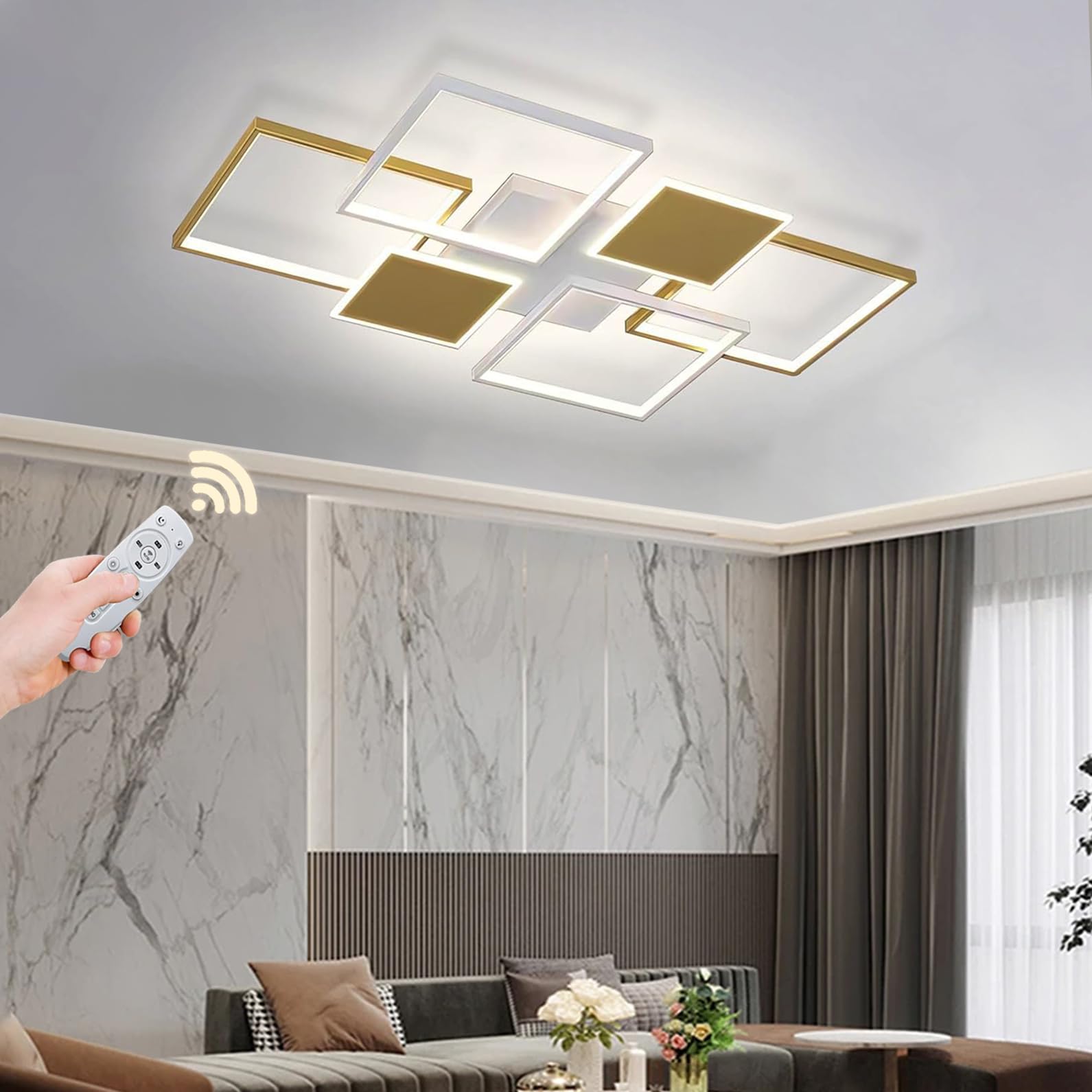 Square LED Ceiling Lights, Living Room Lights Modern, 90W Dimmable Ceiling Lamp with Remote Control, Black and Gold Large Ceiling Light for Living Room Bedroom Kitchen Office (Gold + White, 110cm)
