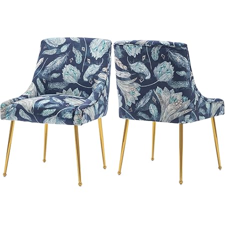 Amazon Com Mid Century Elegant Velvet Upholstered Dining Chair Guest Chairs With Polished Gold Metal Legs For Living Room Kitchen Vanity Patio Set Of 2 Retro Floral Pattern Blue Flower Chairs