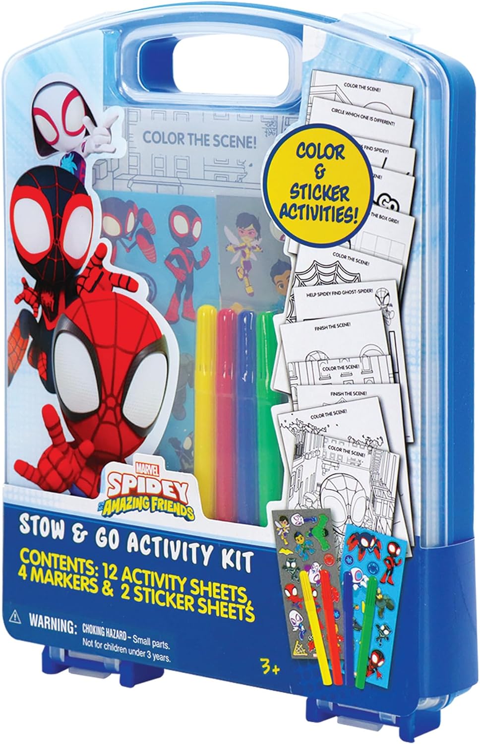 Spidey and His Amazing Friends Stow & Go Activity Kit – 17-Piece Marvel Art Set with Stickers, Crayons, Coloring Pages & Carry Case – Kids Travel Kit Ages 3+