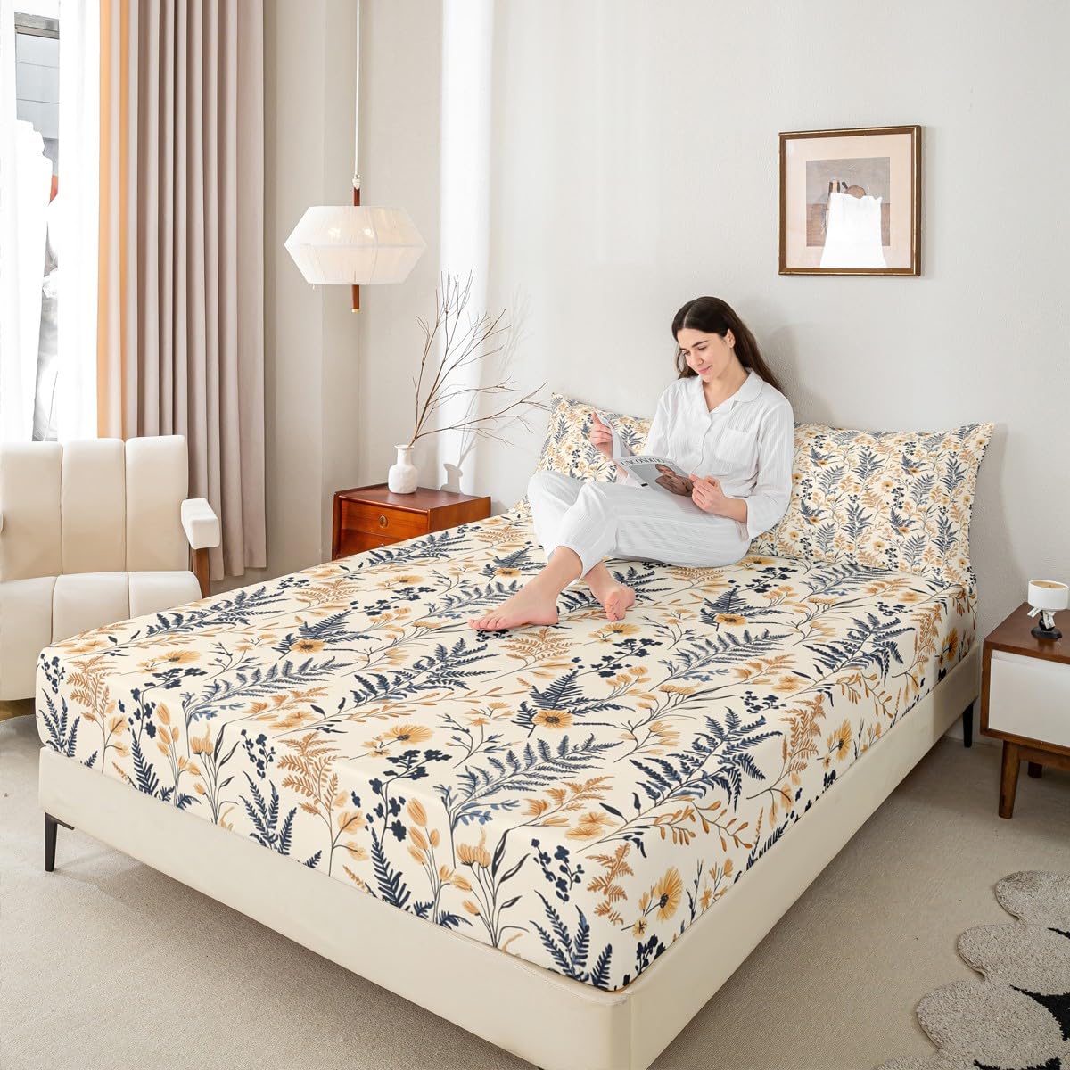 Homewish Juego de ropa de cama floral bohemio tamaño King, sábana bajera ajustable con diseño bohemio para niños, adolescentes y niñas, funda de cama rústica de 3 piezas