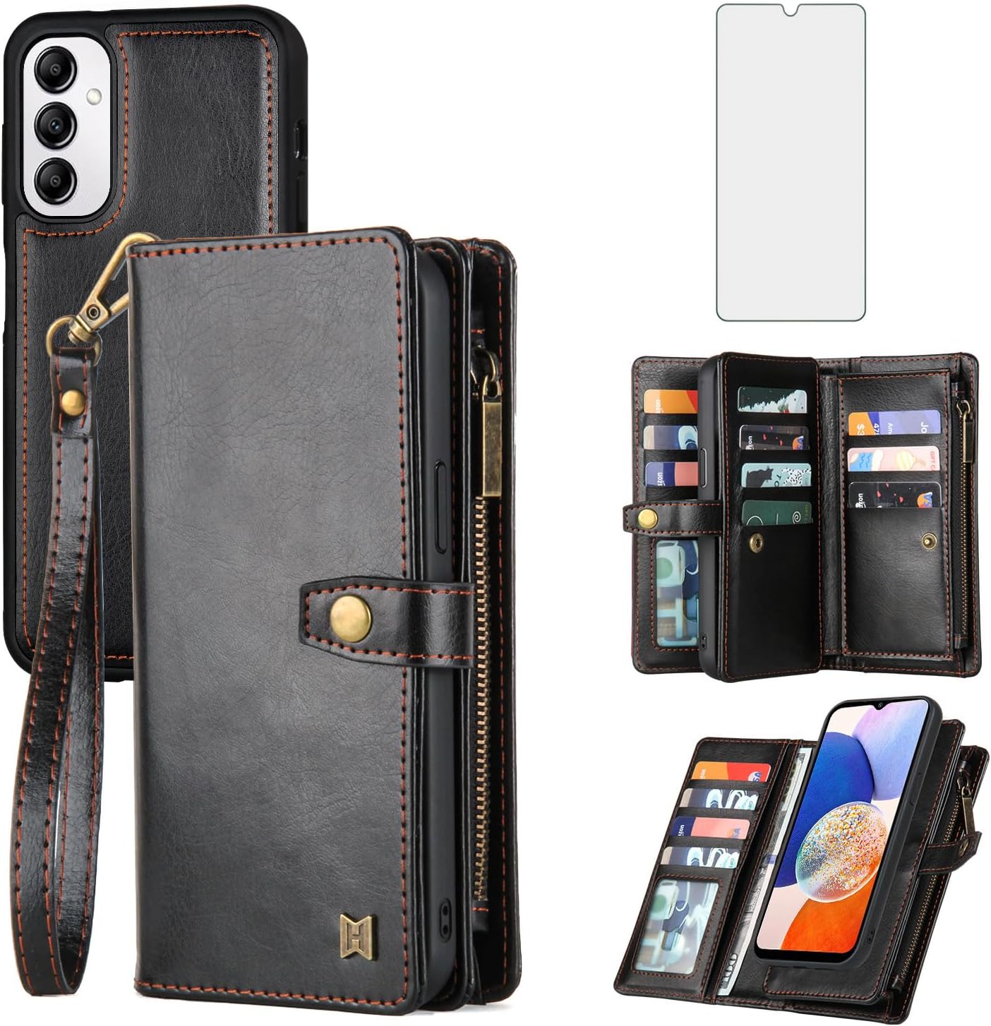 Asuwish Phone Case for Samsung Galaxy A14/M14 5G Zipper Wallet Detachable Cover with Screen Protector and Card Holder Slot Wrist Strap Cell Accessories Protective A 14 4G 14A 14M G5 SM Women Men Black