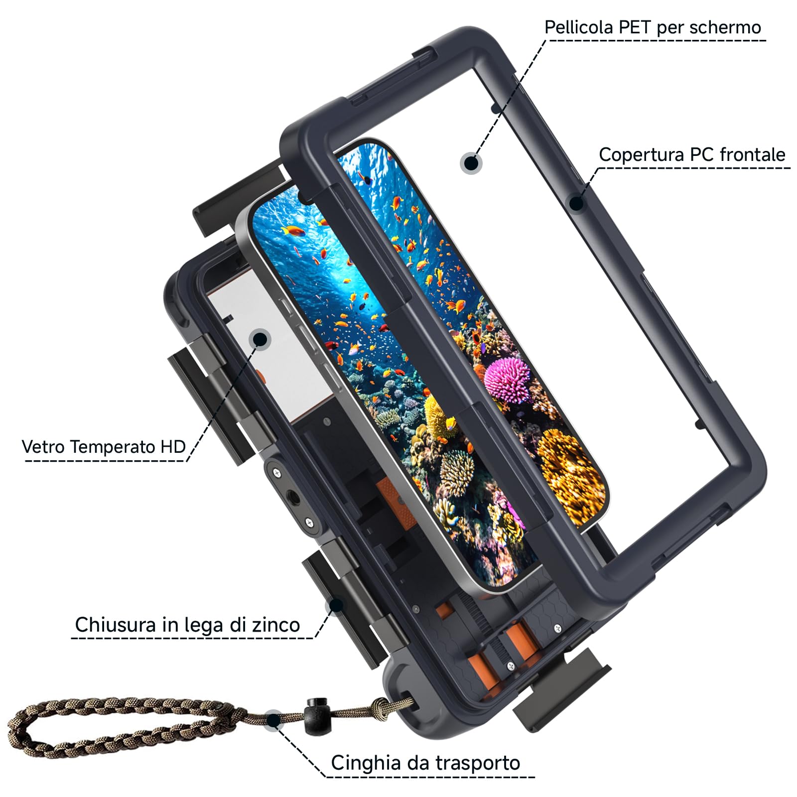 DANZHANG Custodia Impermeabile Subacquea IP68 per Smartphone (Blau+Orange)