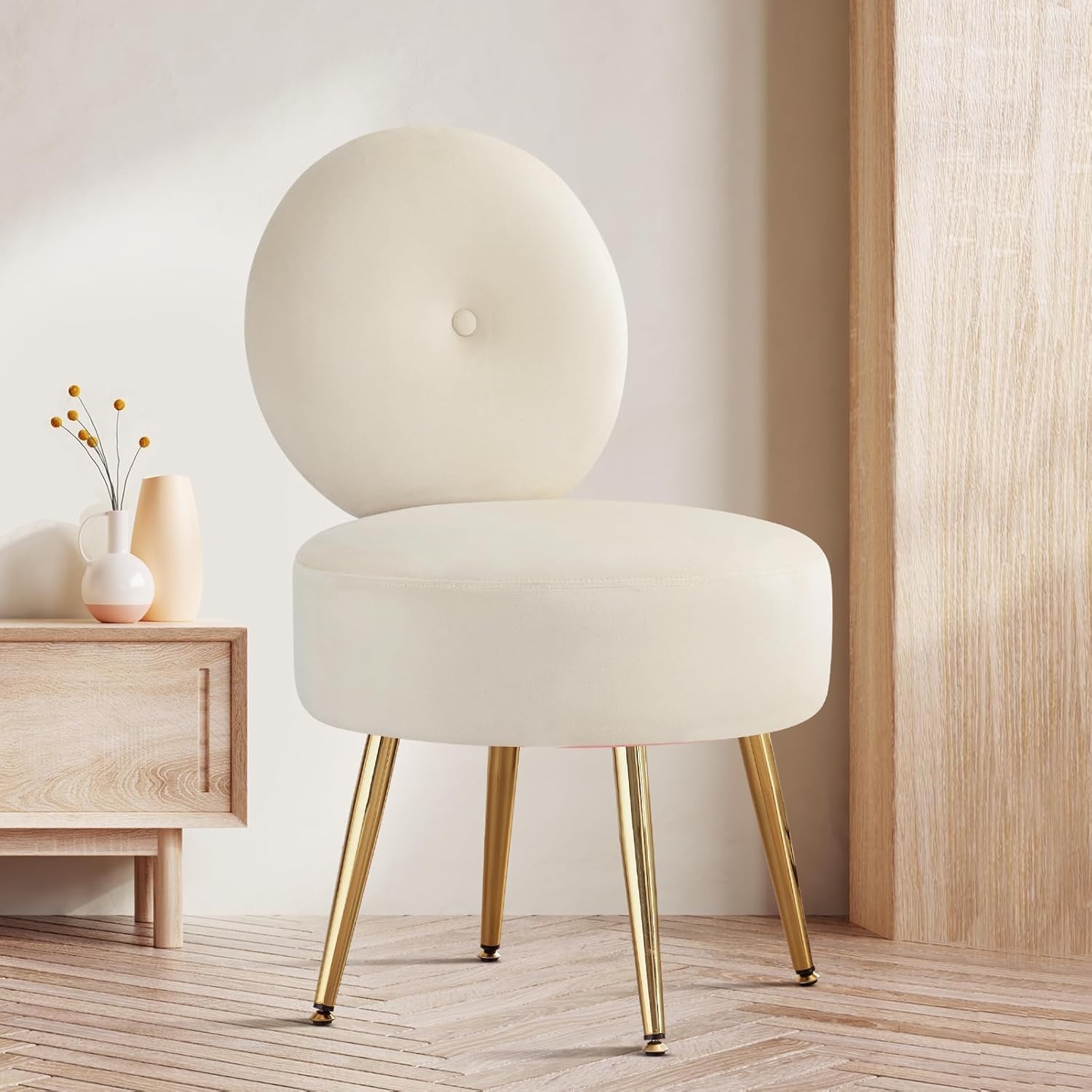 City Wood Modern Velvet Makeup Chair – Armless Upholstered Vanity Stool with Golden Metal Legs, Round Backrest for Makeup Room, Bedroom, and Dressing Room (Cream)-image-30
