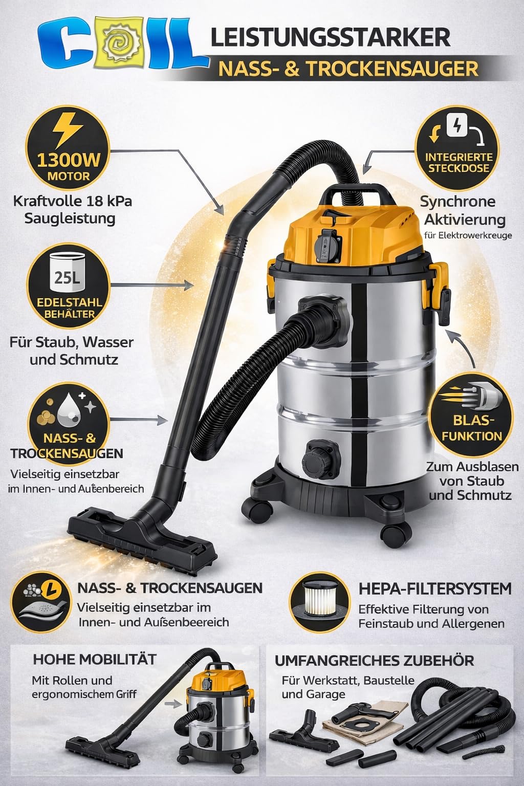 COIL Aspiradora 1300 W 25L Aspiradora Industrial con Enchufe y Función de soplado, Filtro HEPA para Taller, Obra de Construcción, Garaje, Contenedor de Acero Inoxidable