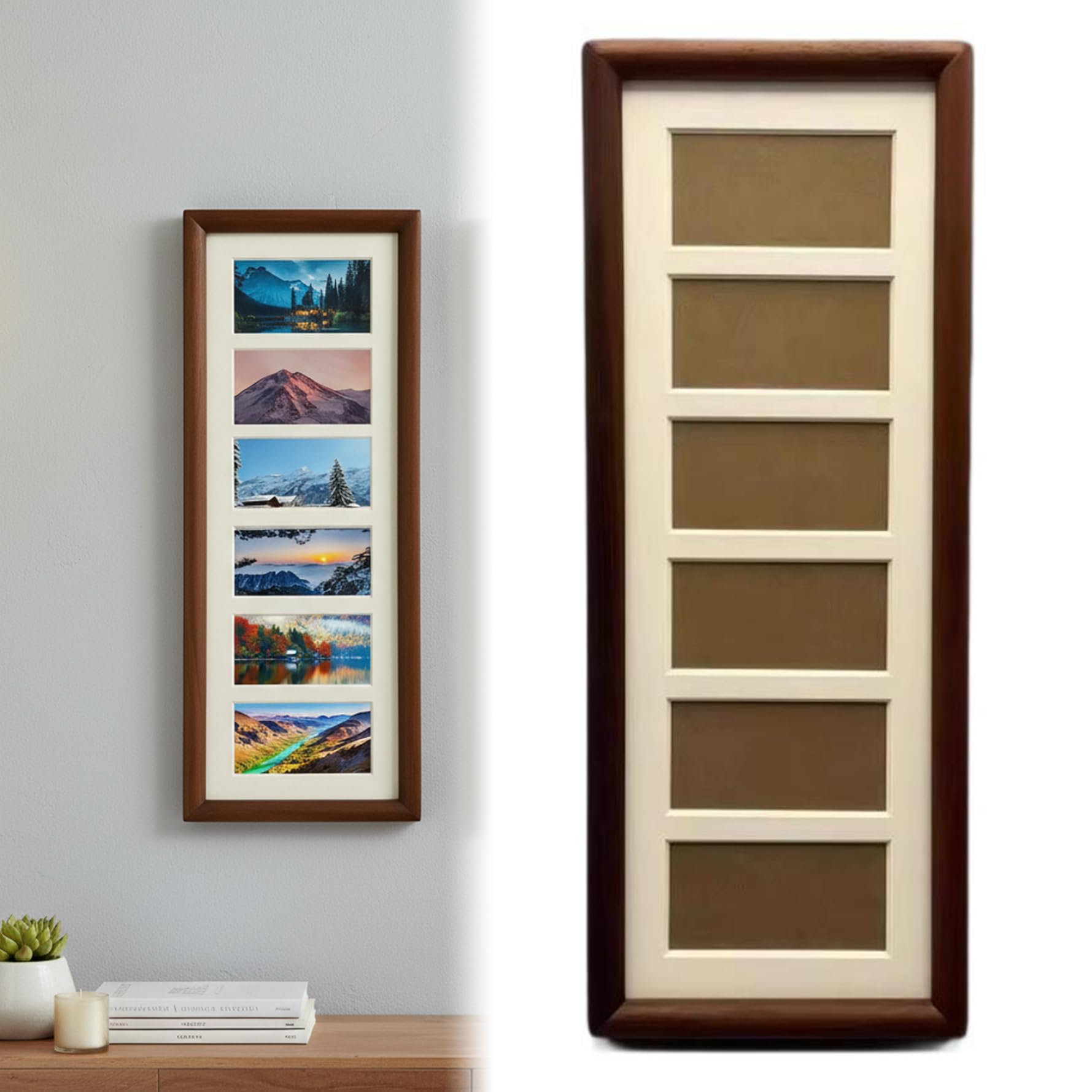 Aetherize 4x12 Picture Frame, Walnut Wood Collage Multi Photo Frame with 6 Openings Multi Photo Frames for Wall Art and Tabletop Display